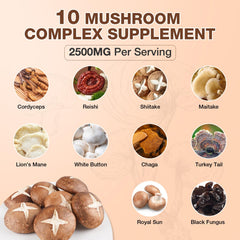Label showing ten-mushroom complex ingredients