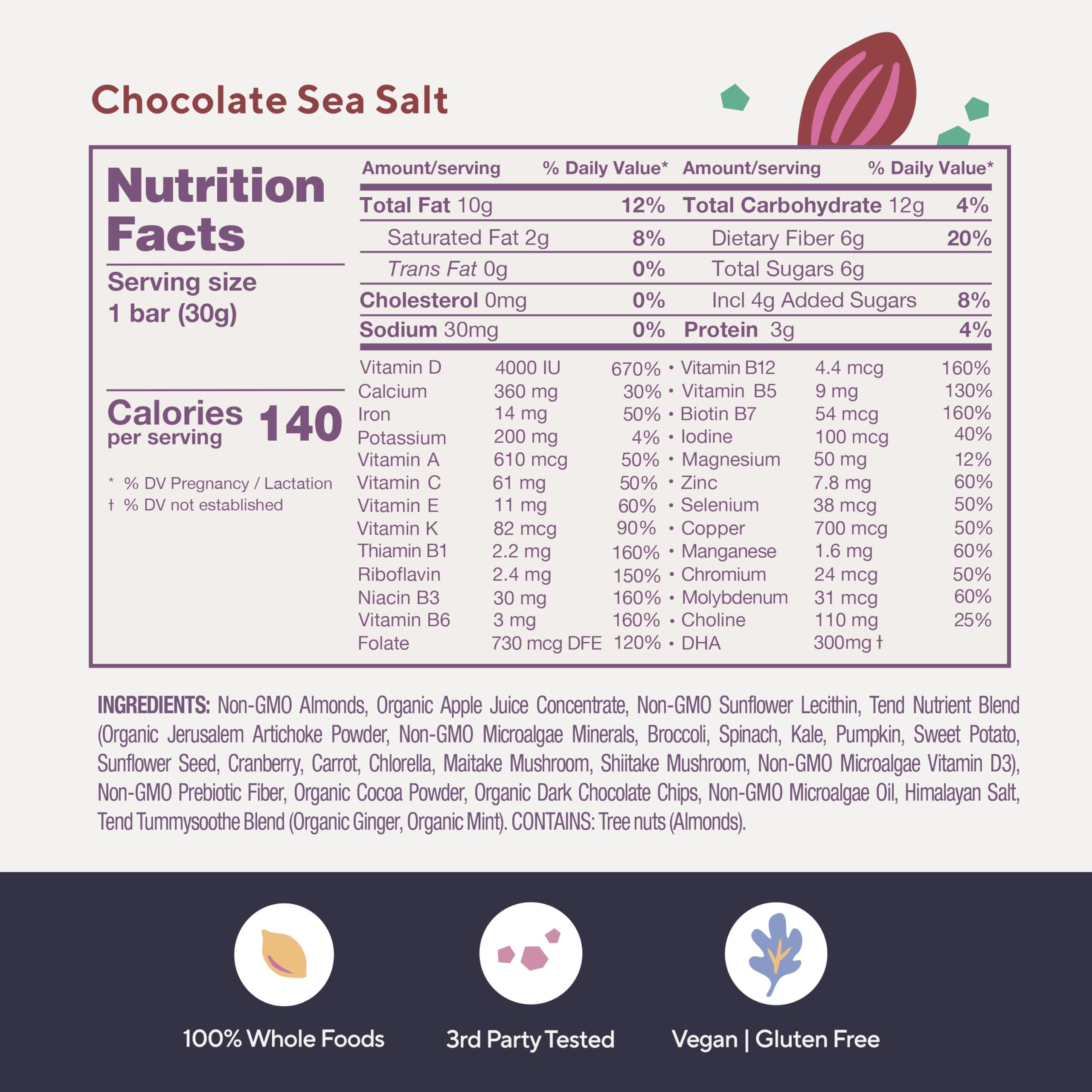Ingredient list for Tend Daily Prenatal Bars