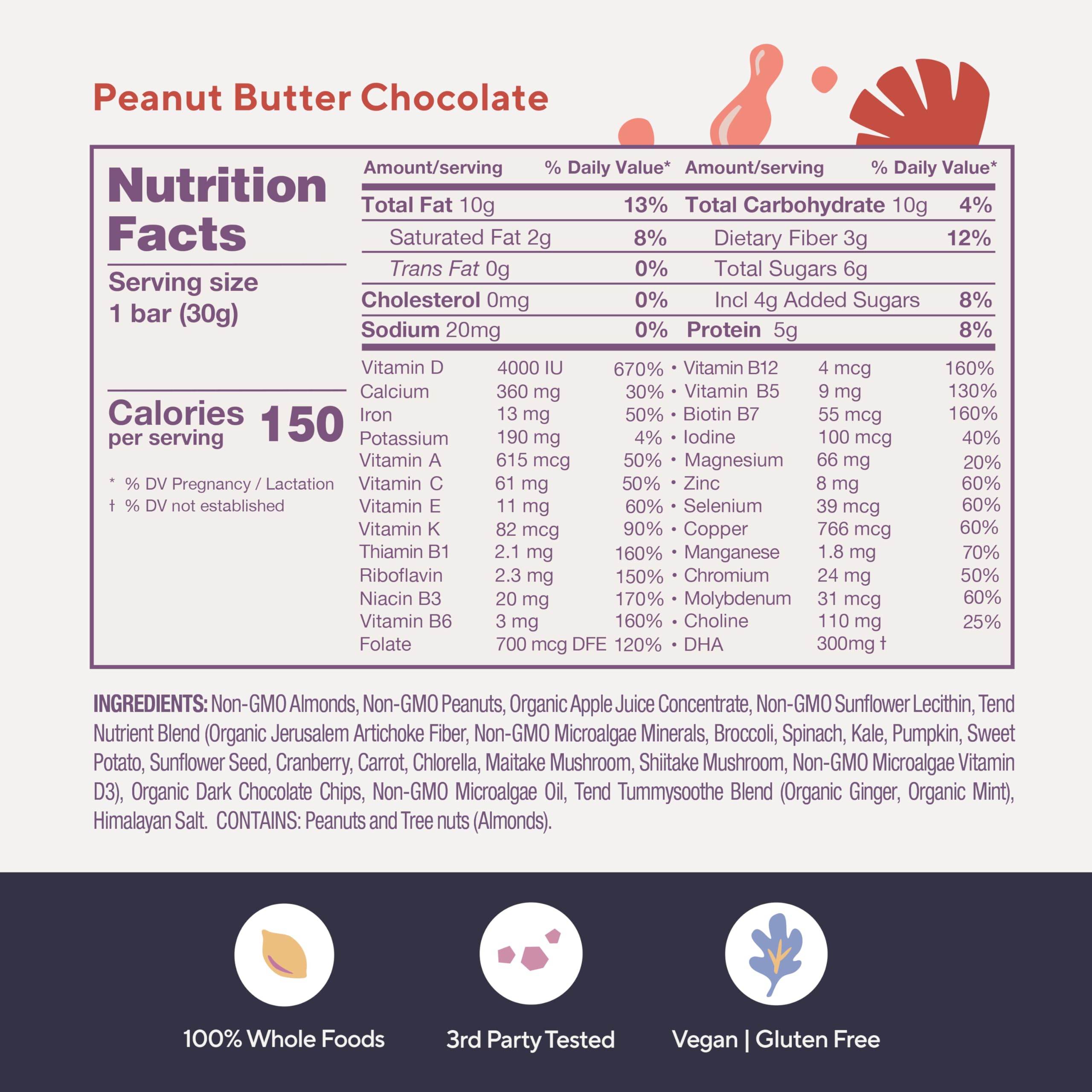Non-GMO, vegan, and Kosher certifications on Tend Prenatal Bars