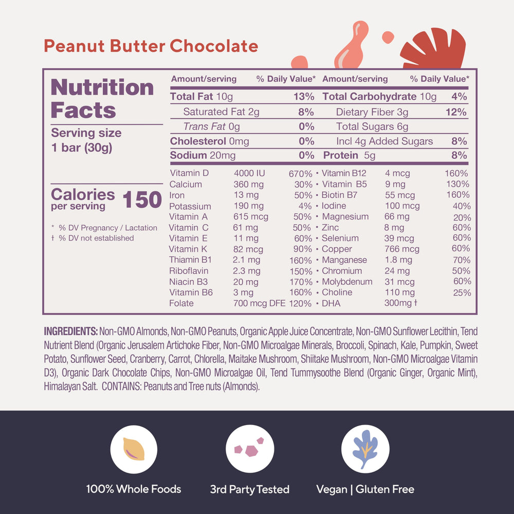 Non-GMO, vegan, and Kosher certifications on Tend Prenatal Bars