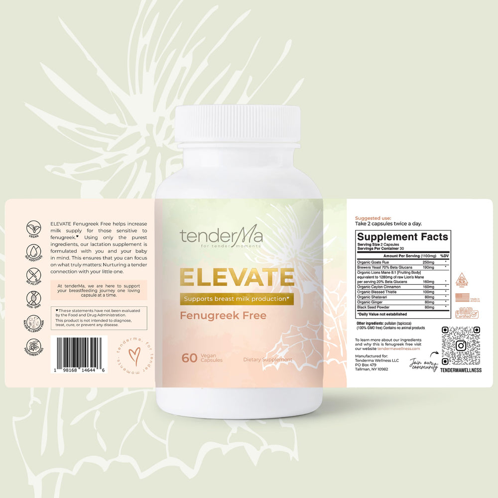 Close-up of TenderMa Elevate capsules showing vegan, non-GMO formula