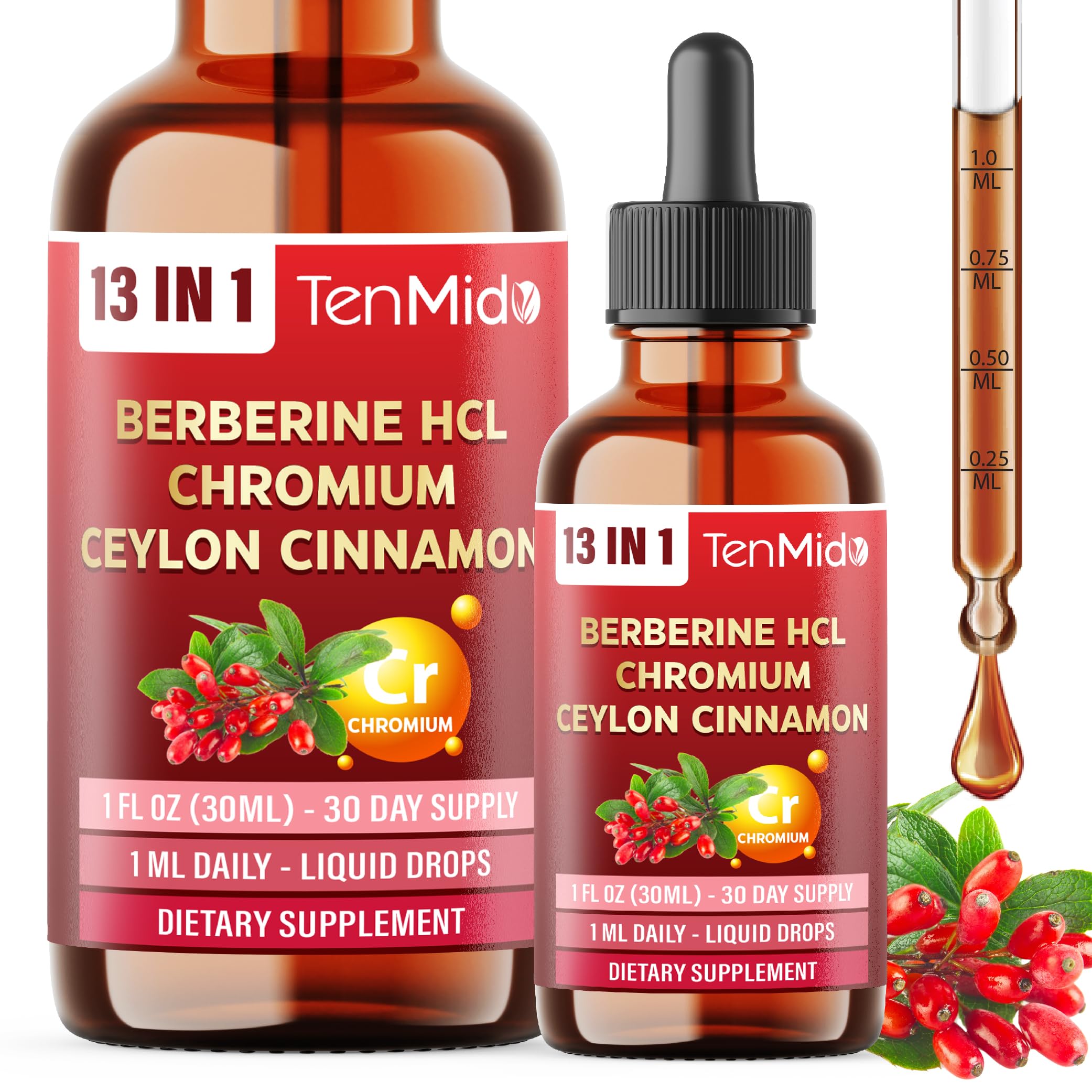 Front view of Tenmido 13in1 Berberine liquid drops bottle