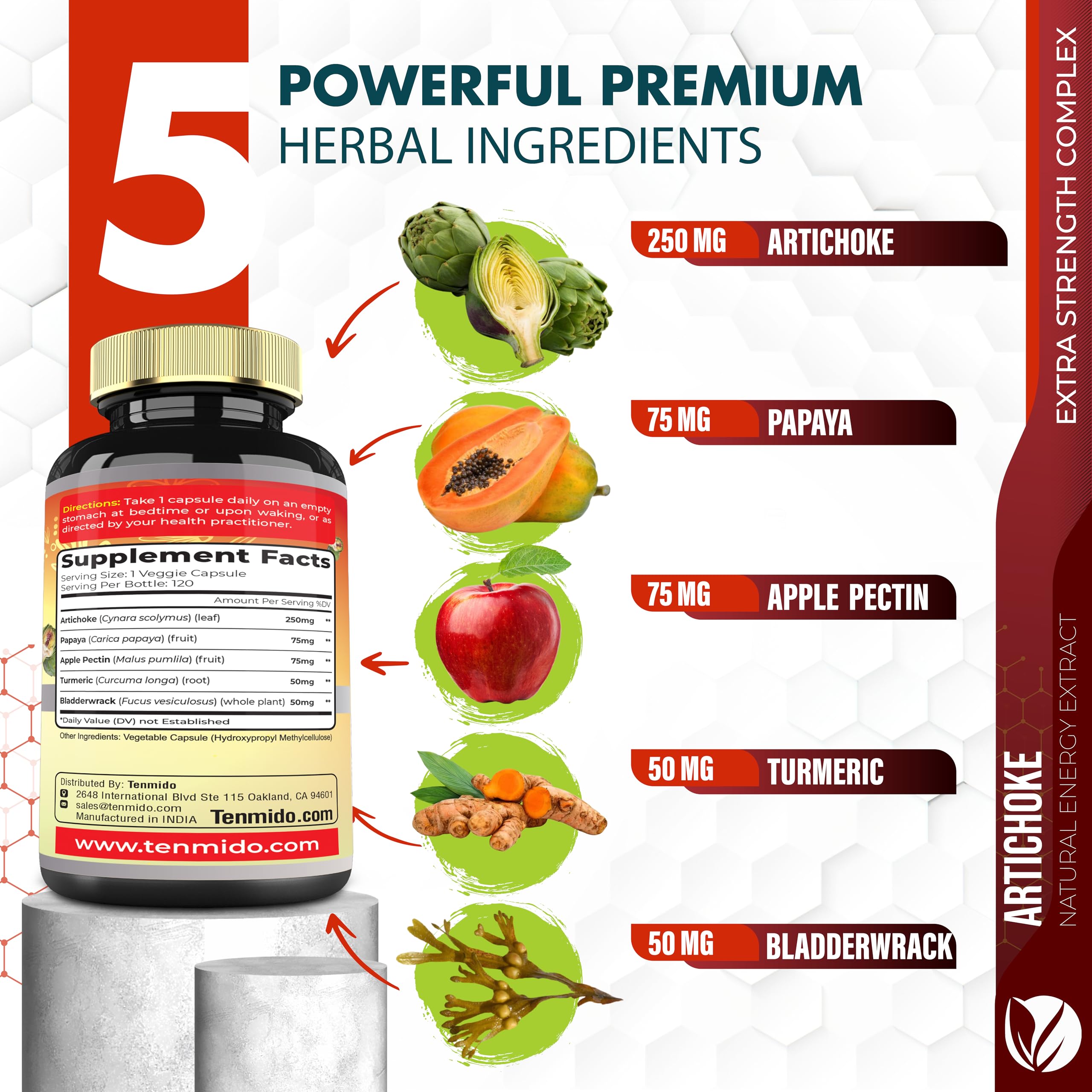 Tenmido artichoke ingredient display, highlights plant-based digestive support benefit
