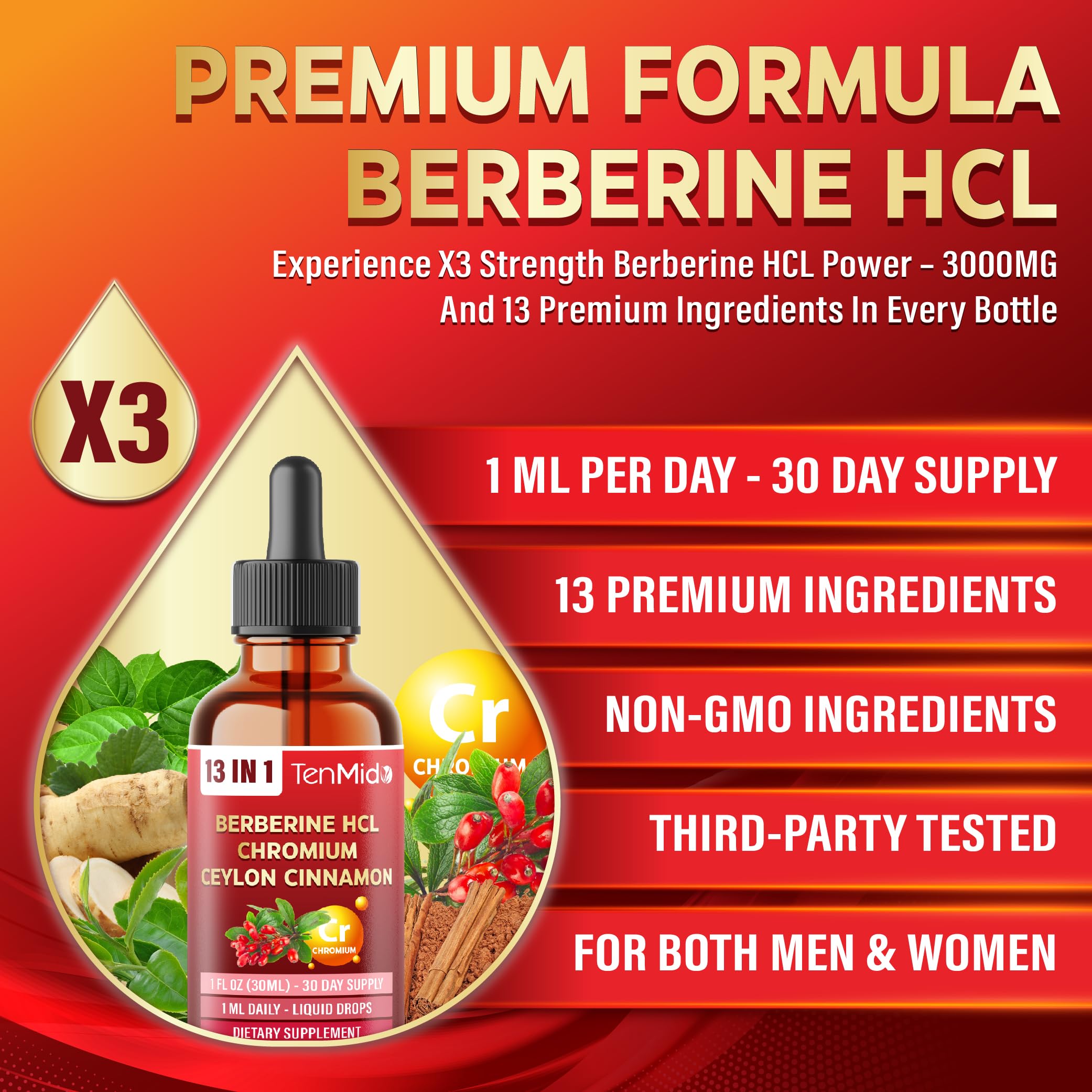 Tenmido label close-up highlighting ingredient list and third-party testing assurance