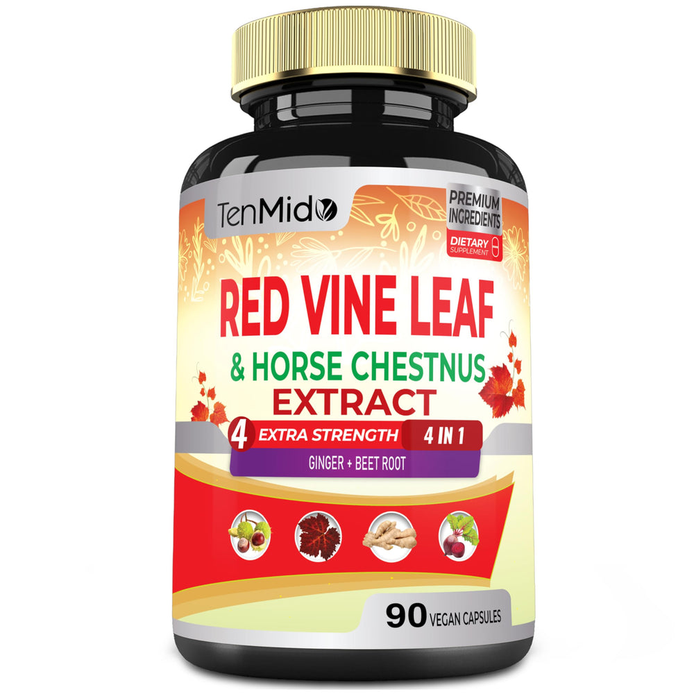 Bottle of Tenmido Red Vine Leaf Extract Capsules - 90 vegan capsules