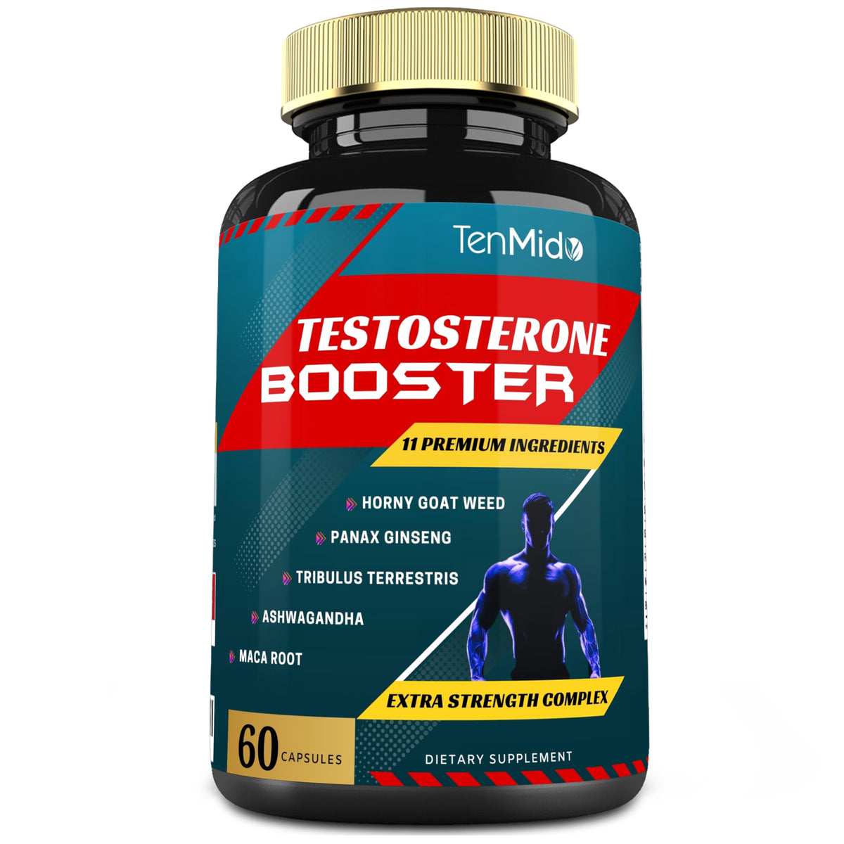 Tenmido testosterone booster bottle shows daily energy support and lasting stamina.