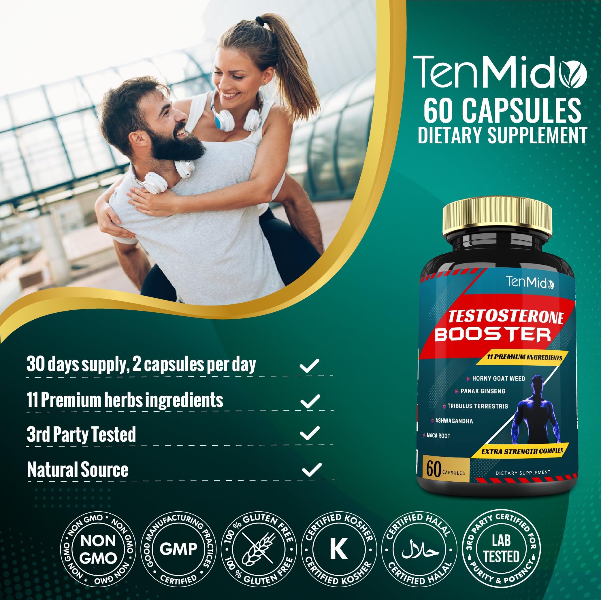 Tenmido testosterone booster capsules closeup highlights convenient daily use.