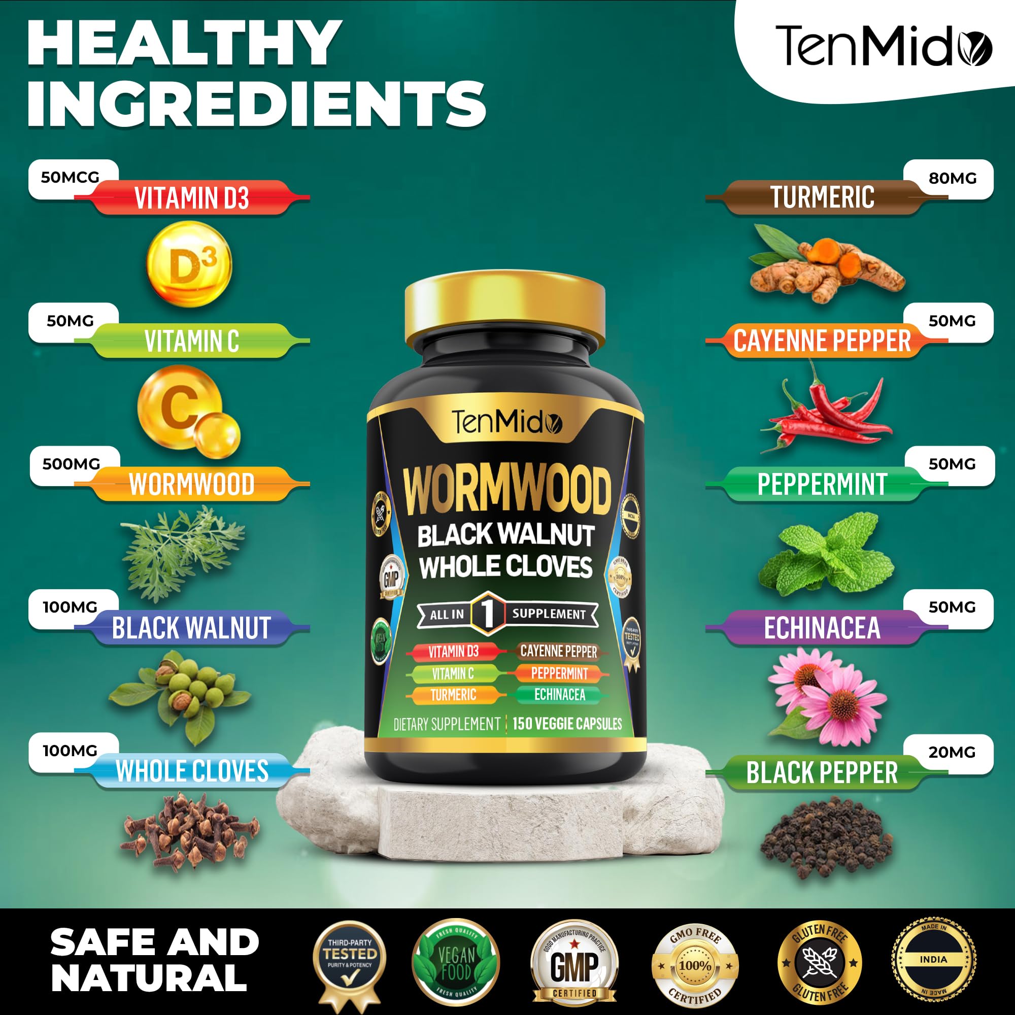 Ingredients chart for Tenmido Wormwood Capsules