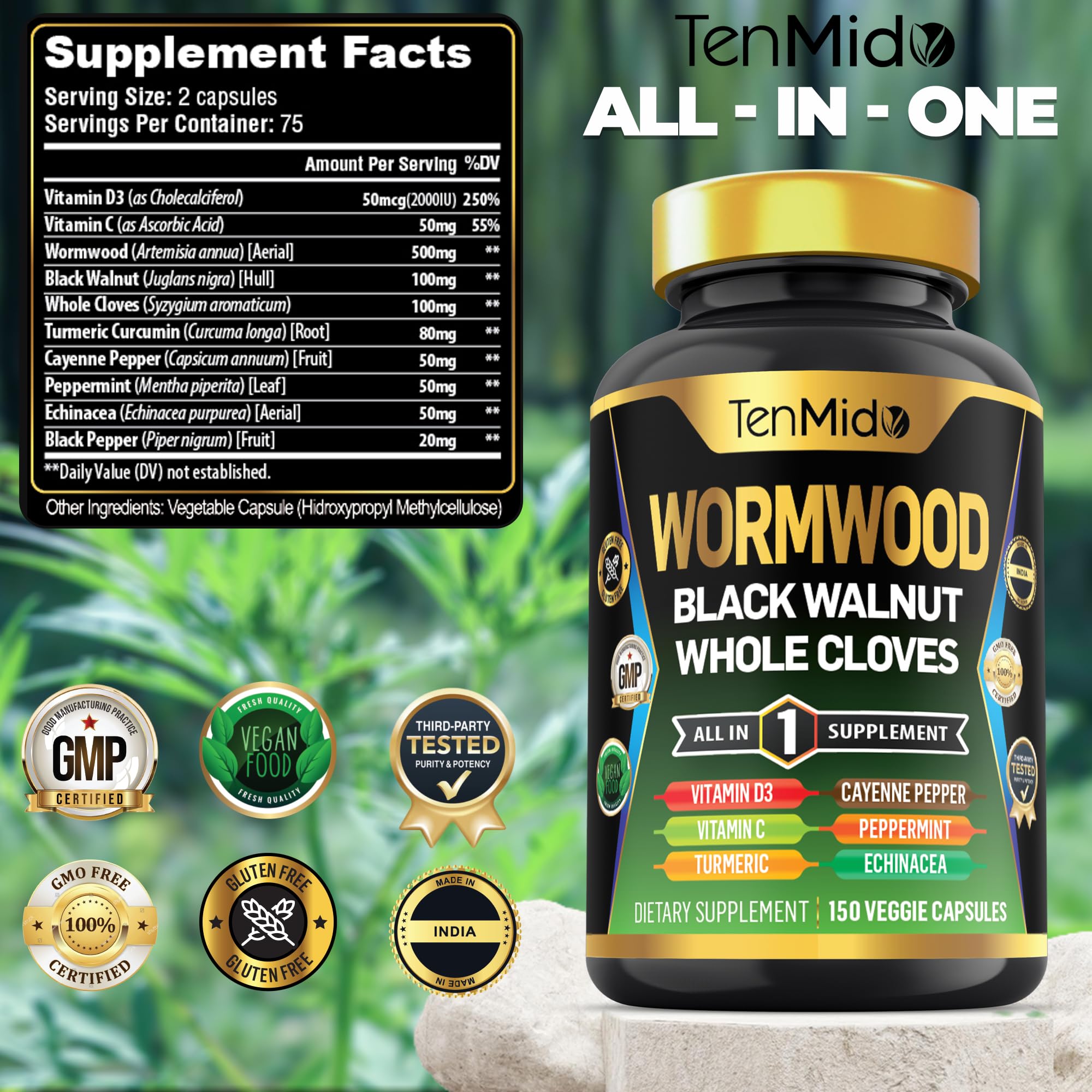 Label front of Tenmido Wormwood Capsules bottle