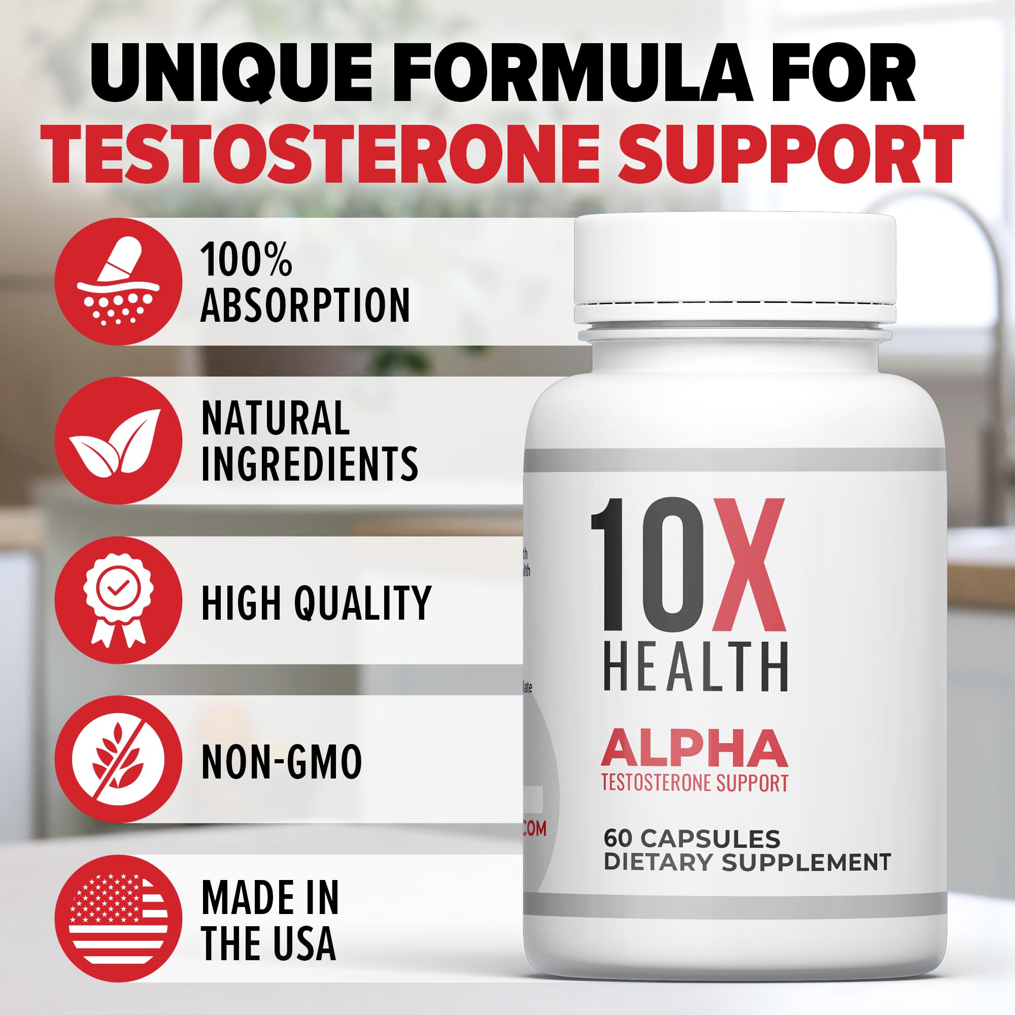 10X Health Alpha capsules in hand illustrate portable daily support for stamina.