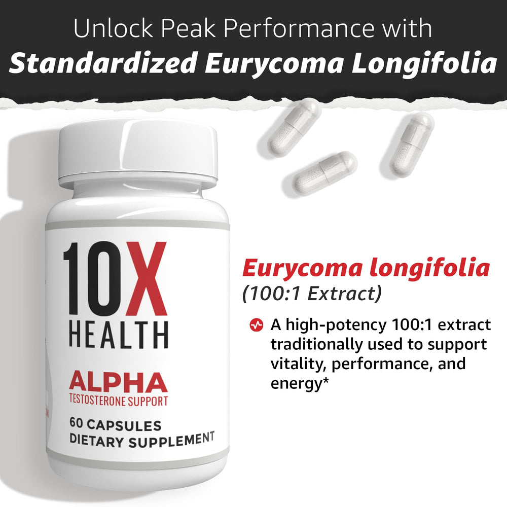 10X Health Alpha Tongkat Ali ingredient image underscores natural support for energy.