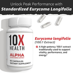 10X Health Alpha Tongkat Ali ingredient image underscores natural support for energy.