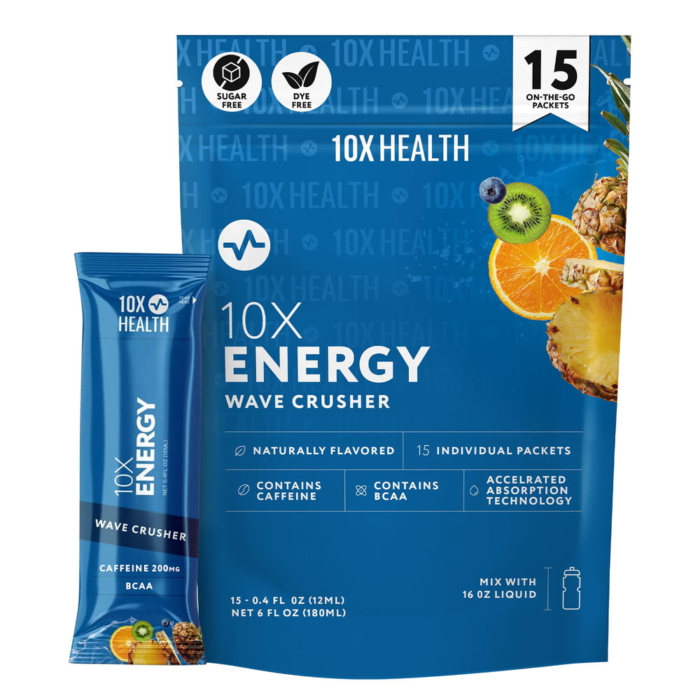 10X Health Energy Wave Crusher bottle pour with tropical energy for sustained focus.