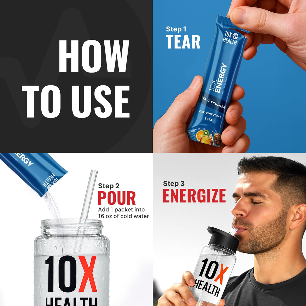 10X Health Energy Wave Crusher label close-up highlights ingredients and tropical flavor.