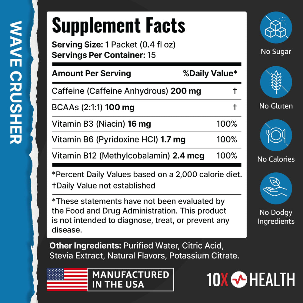 10X Health Energy Wave Crusher tropical punch packets ready for quick pre-workout energy.
