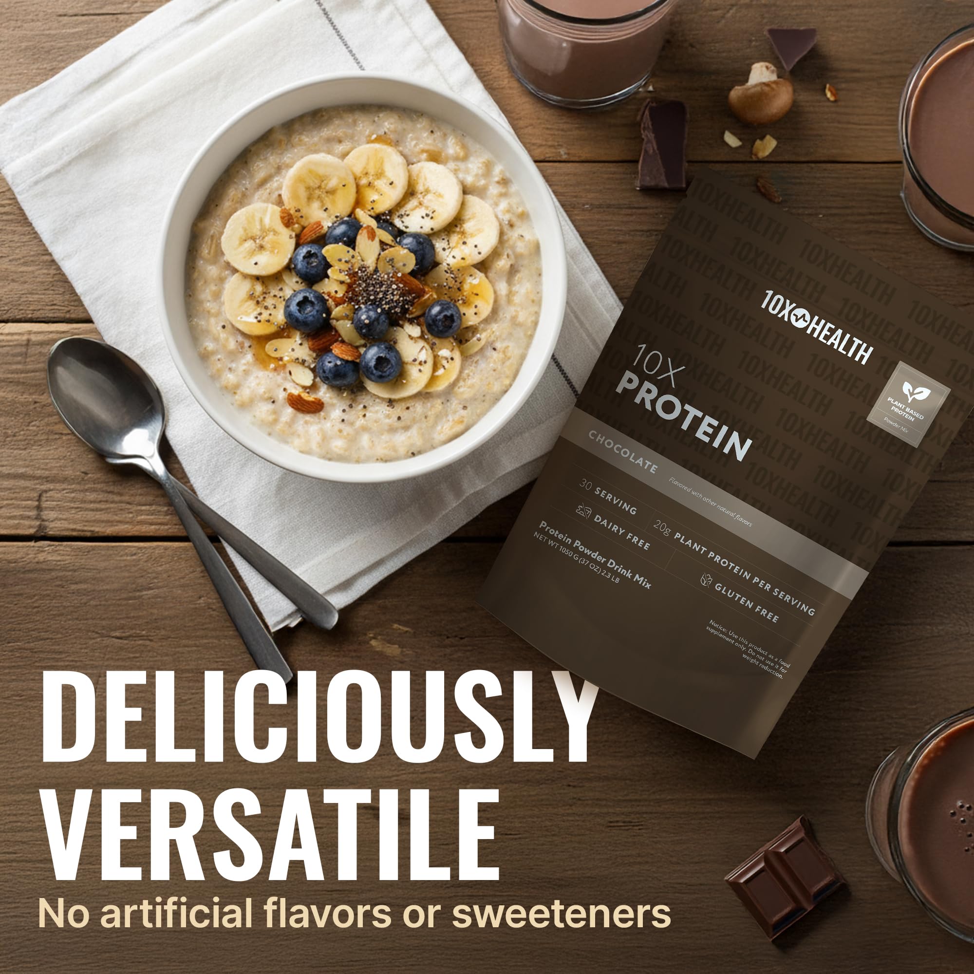 10X Health System vegan protein chocolate serving scoop close-up