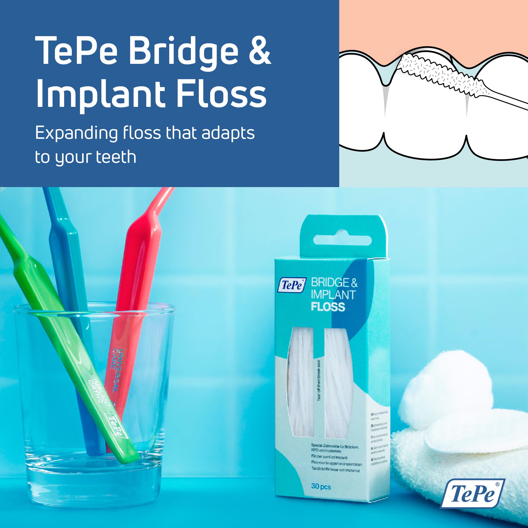 TePe floss pack showing threader for implants and bridges