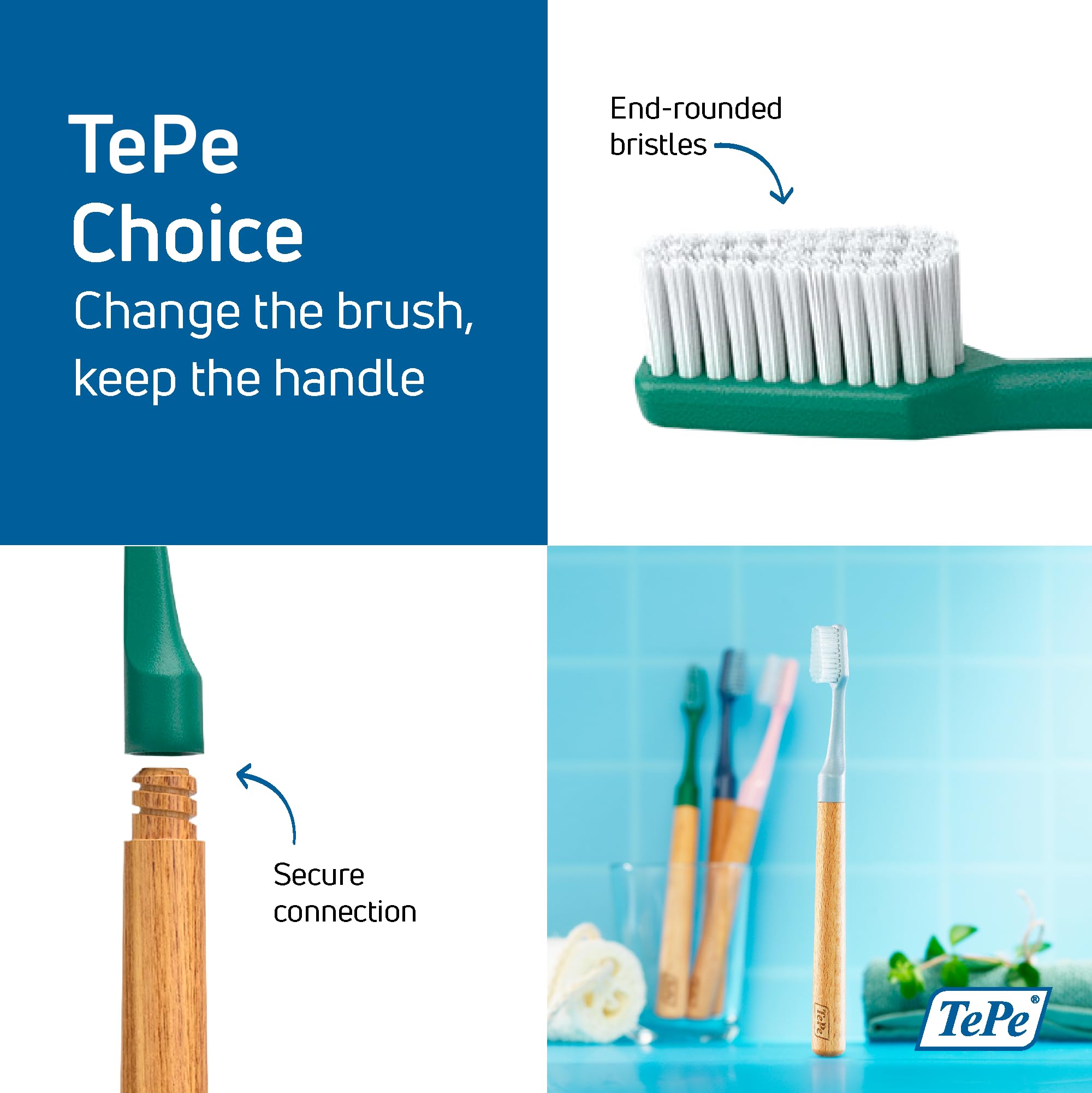 End-rounded soft bristles made from castor oil on TePe Choice toothbrush