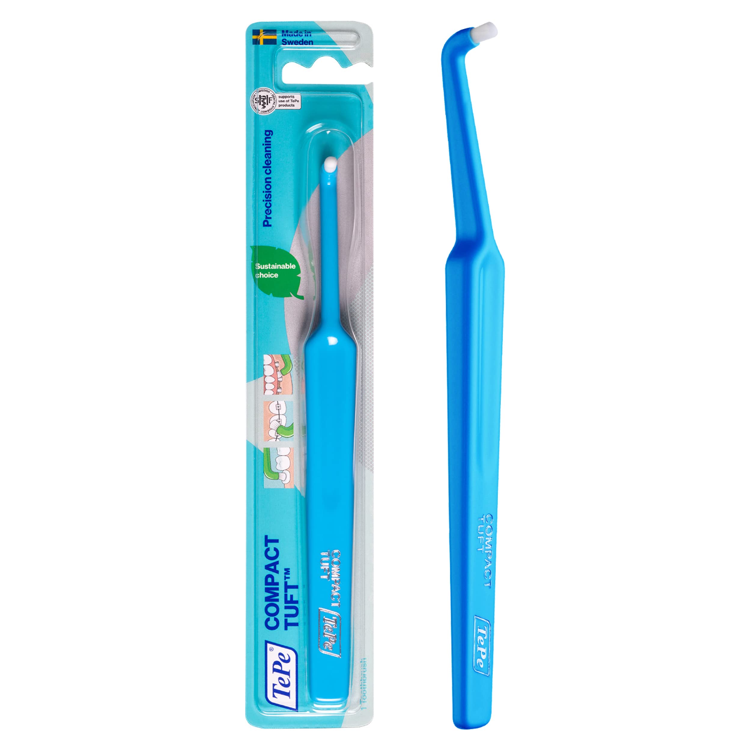 Close-up of the single tuft and angled head of TePe toothbrush