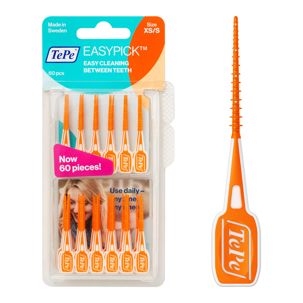 TePe dental floss picks XS/S orange 60 pack - soft silicone-coated dental picks
