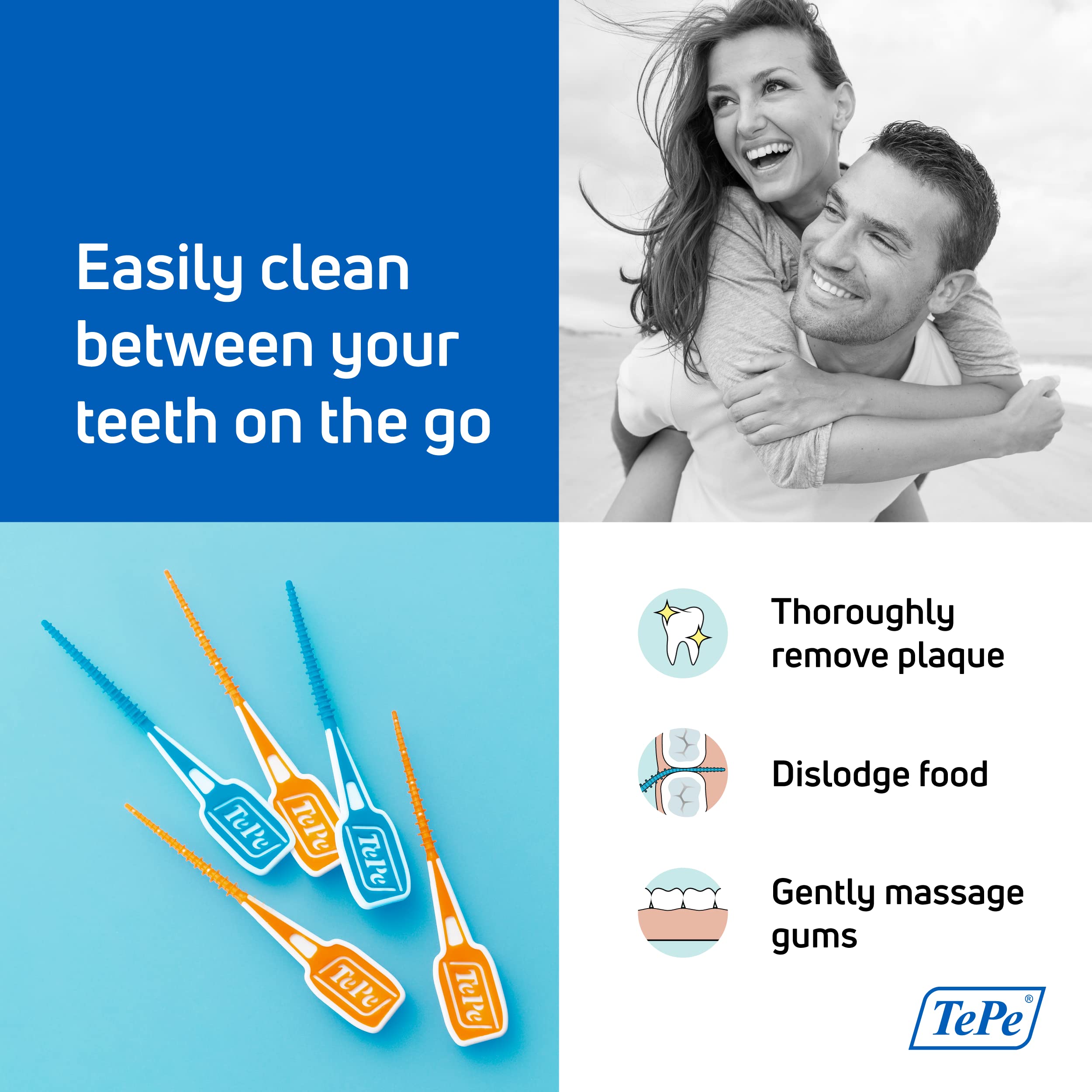 Close-up of TePe floss picks with rubber micro brushes for easy cleaning