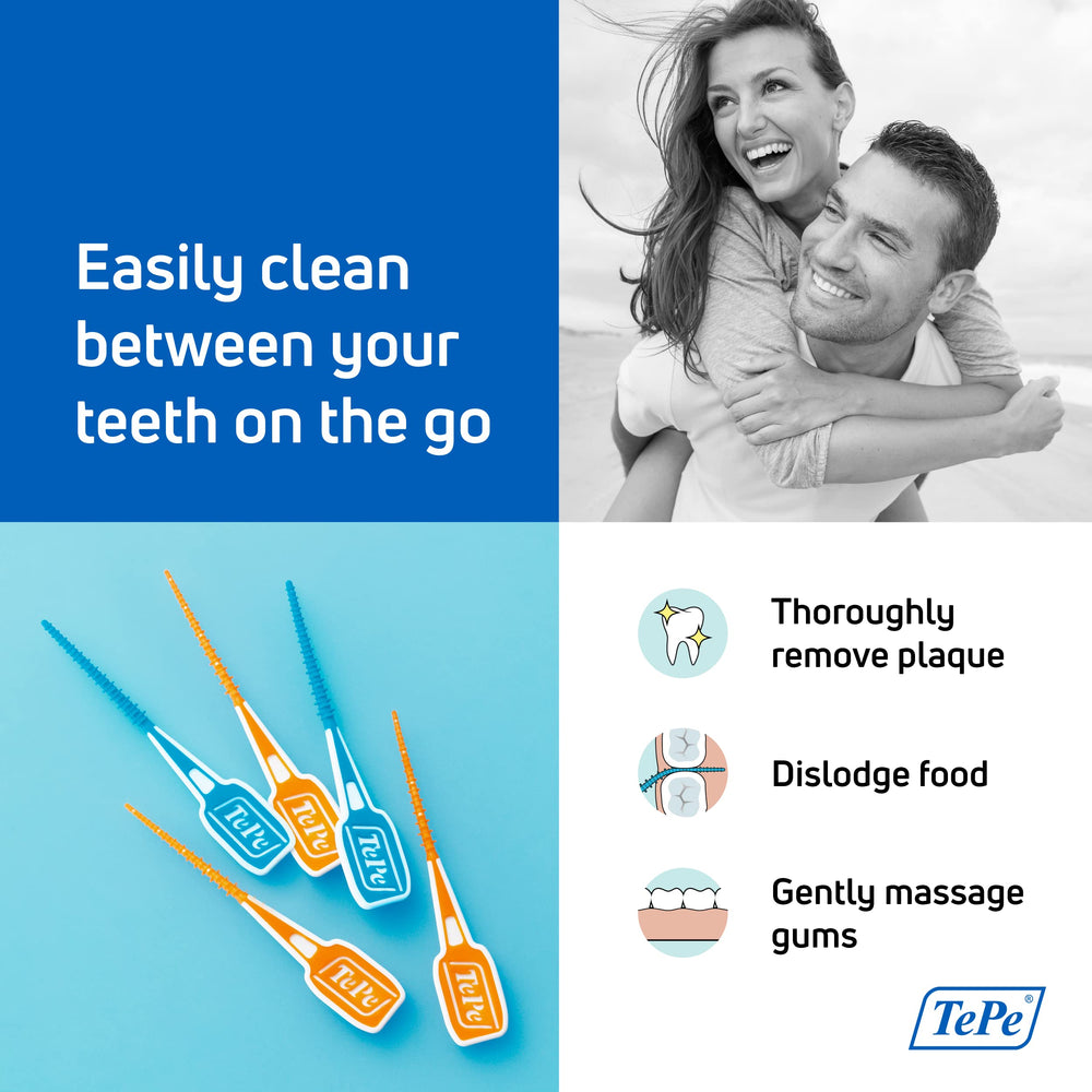 Close-up of TePe floss picks with rubber micro brushes for easy cleaning