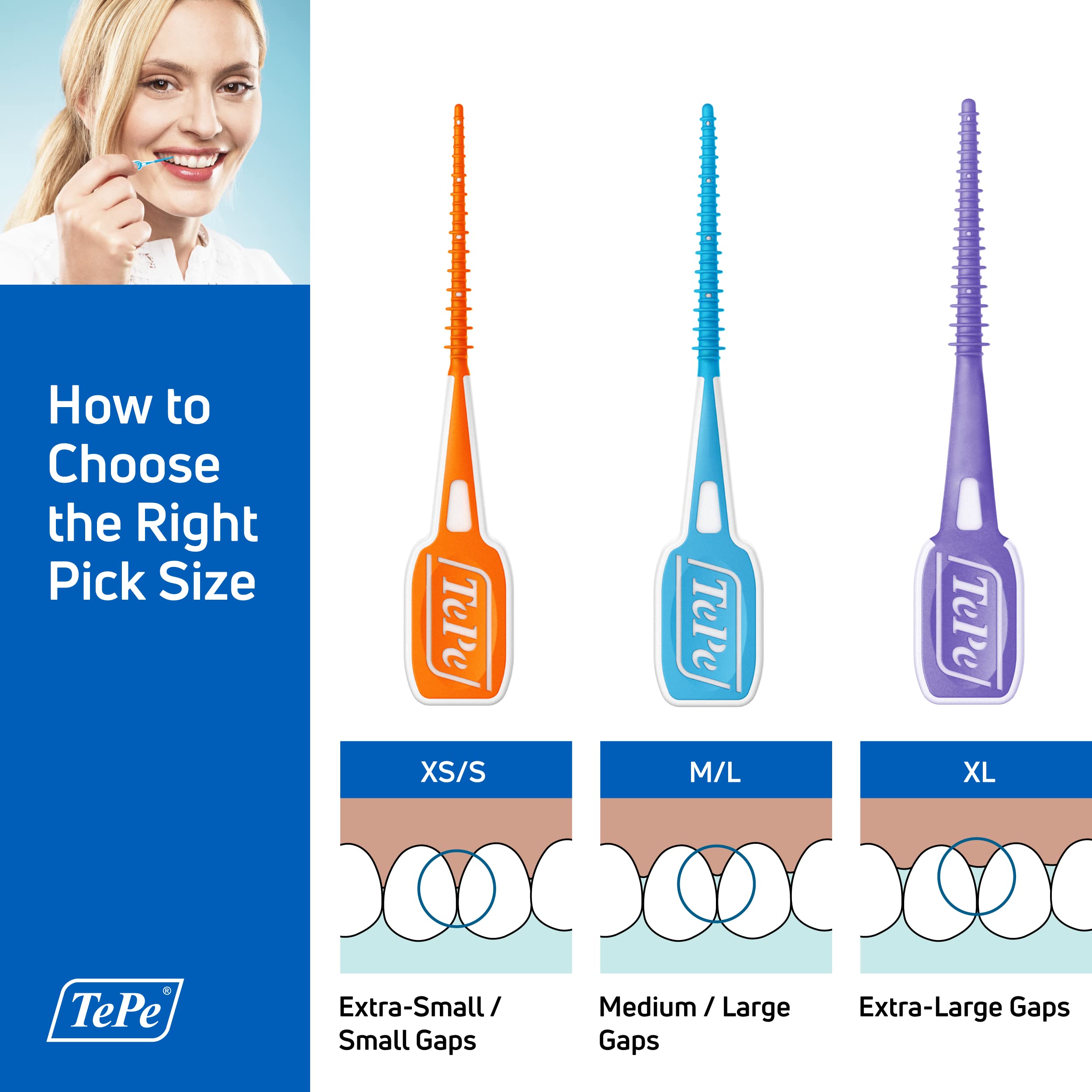 TePe dental floss sticks being used between teeth