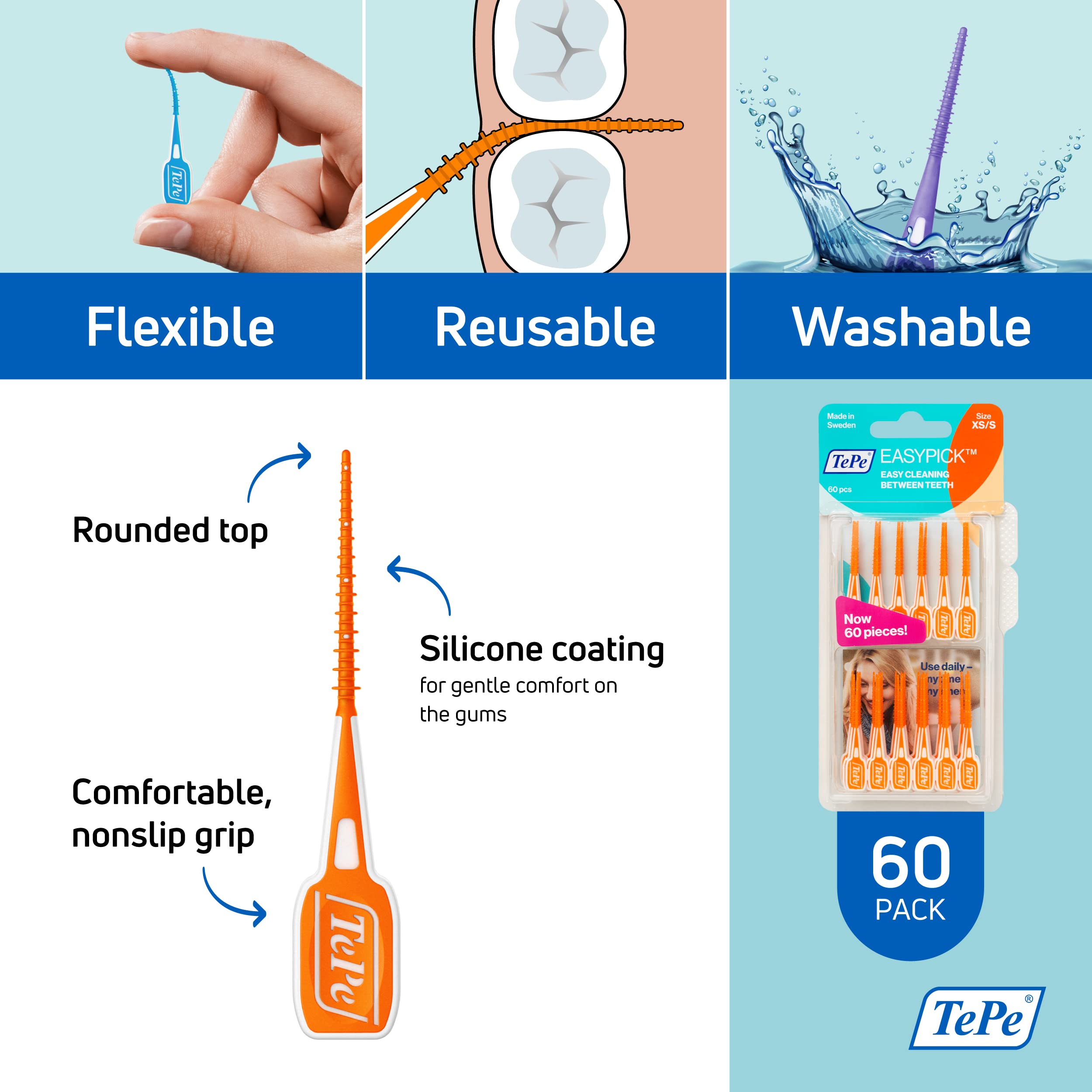 Soft, flexible, non-slip grip handle of TePe floss picks