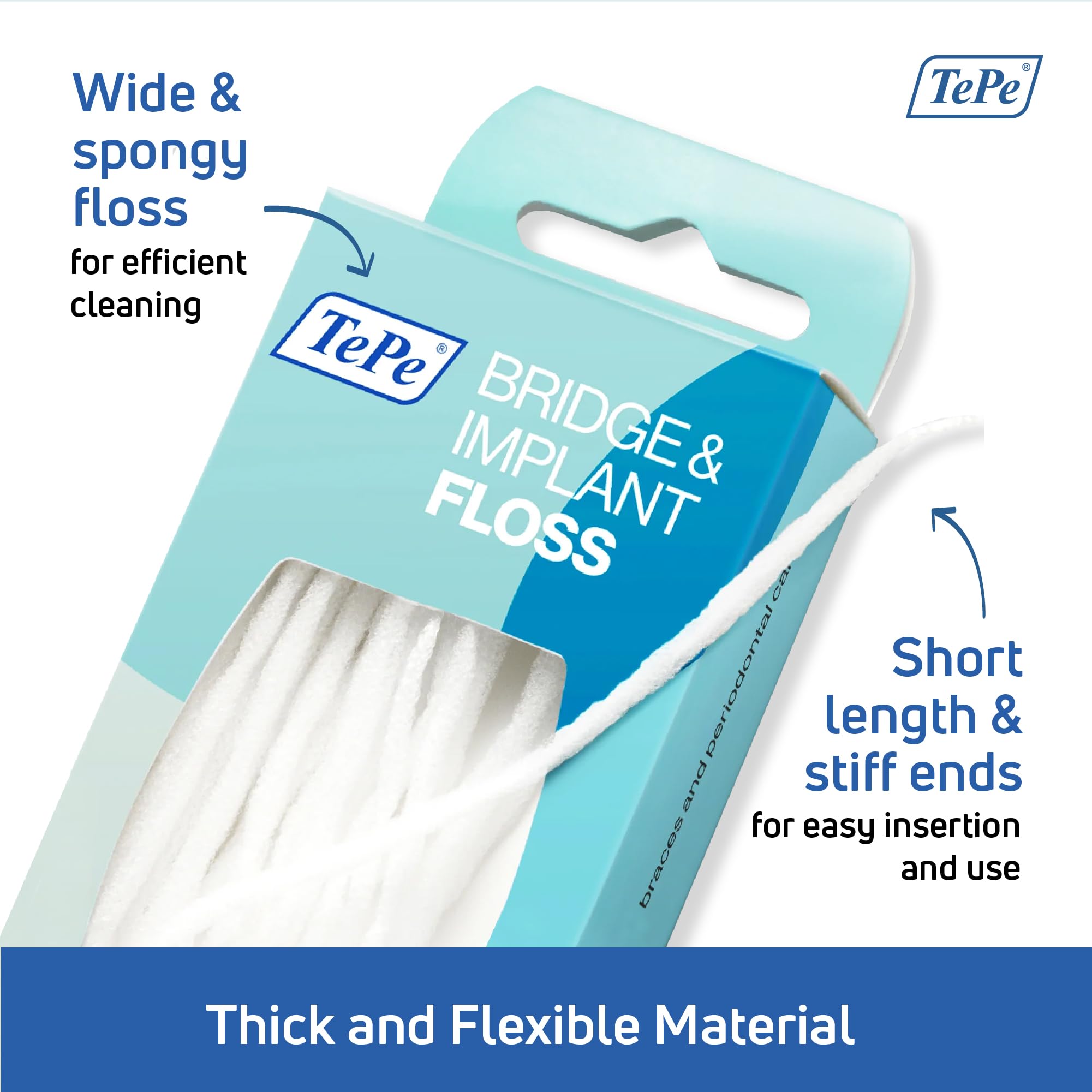 Implant dental floss around an implant and braces close up