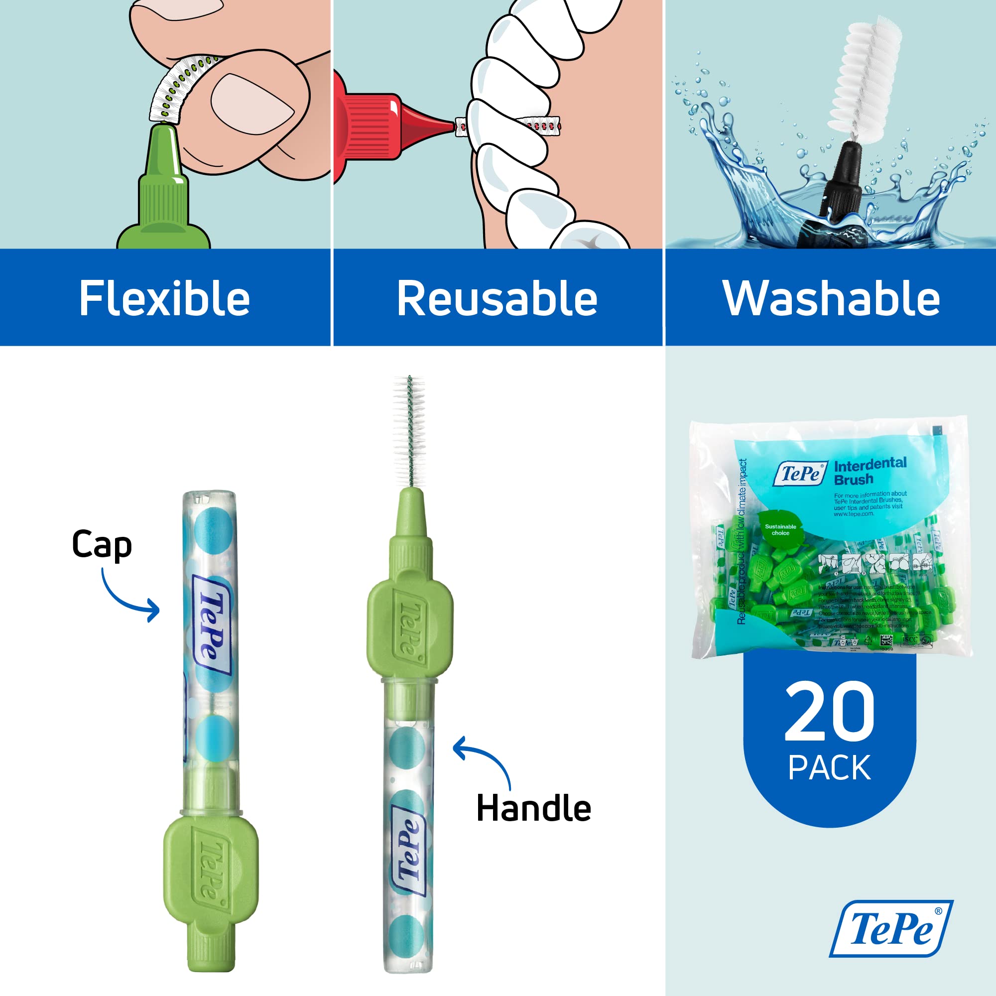 Ergonomic handle and protective cap of TePe Interdental Brush Original