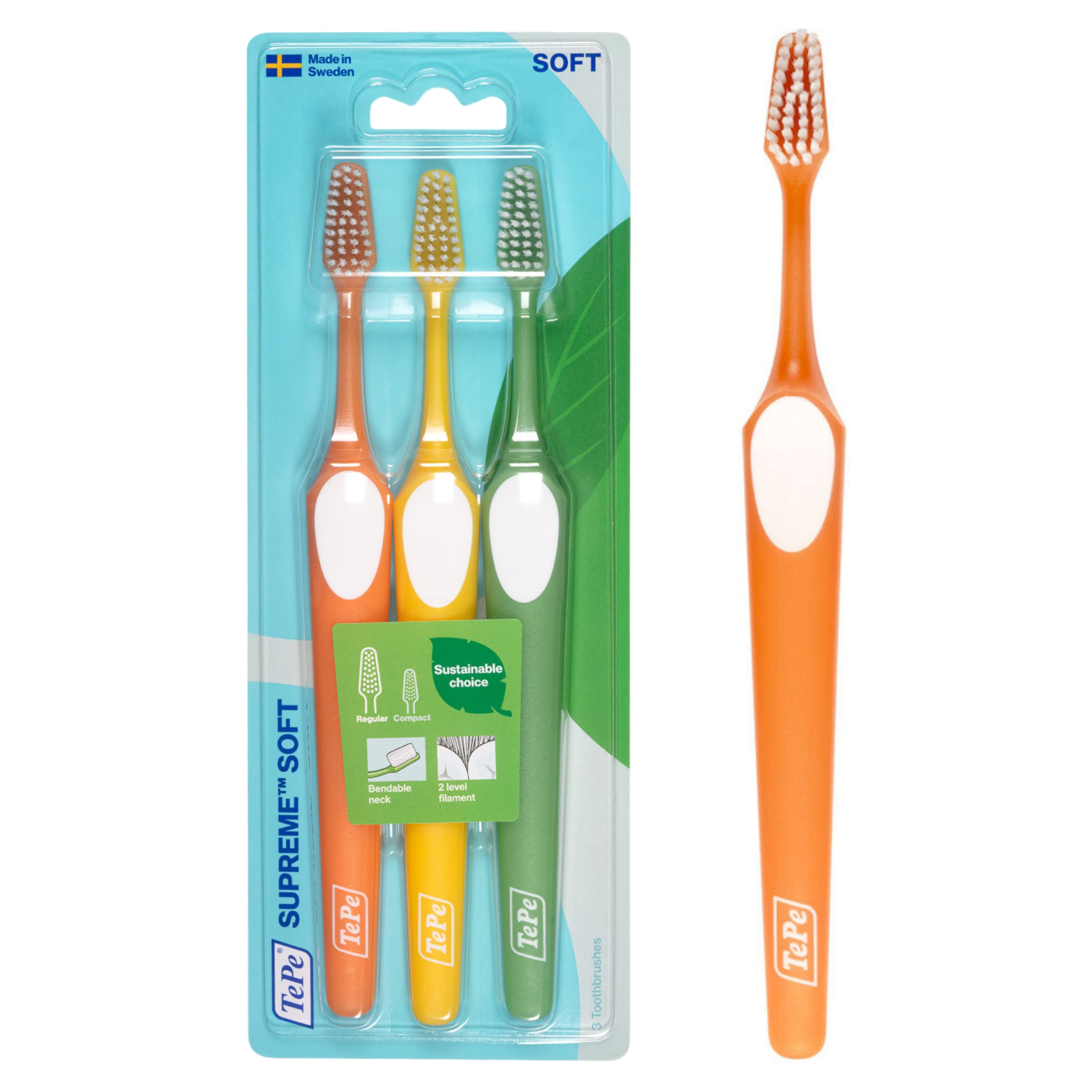 TePe Supreme front packaging showing three soft toothbrushes for gentle cleaning