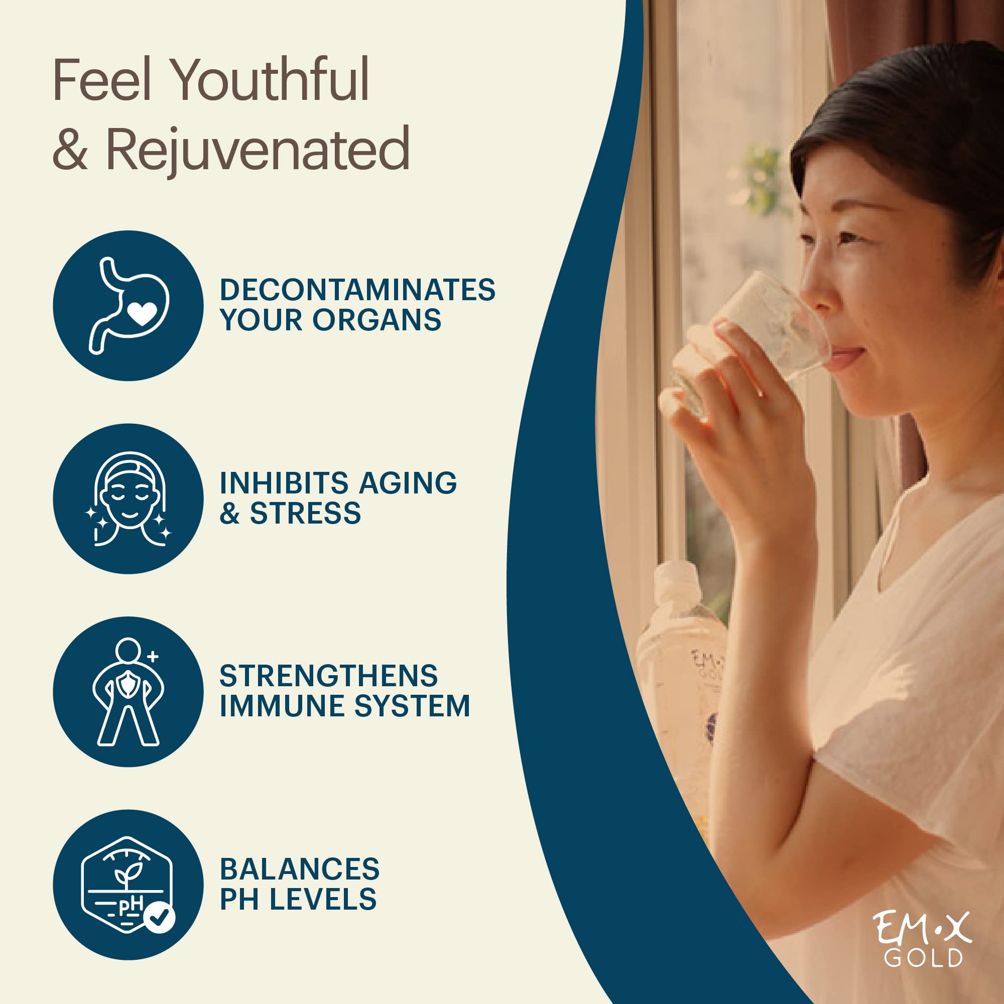 Glass bottle of EM-X Gold prebiotic drink