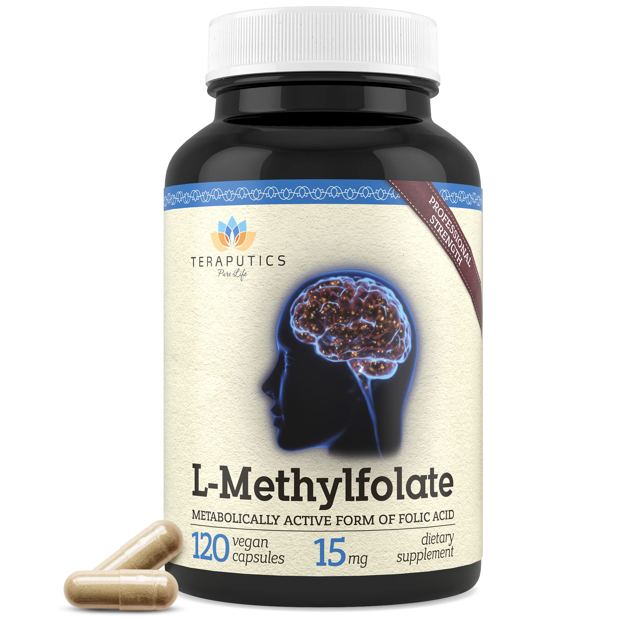 Bottle of Teraputics L-Methylfolate 15mg with 120 vegan capsules