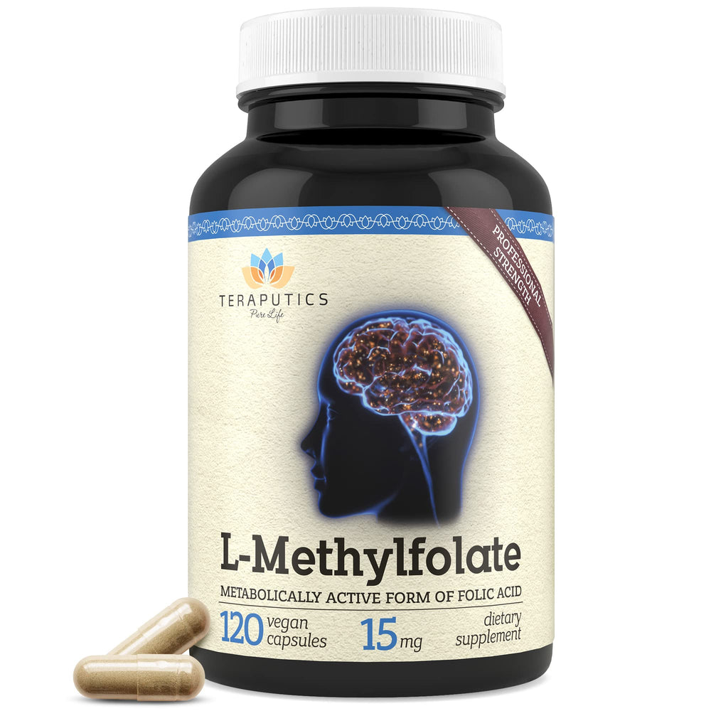 Bottle of Teraputics L-Methylfolate 15mg with 120 vegan capsules