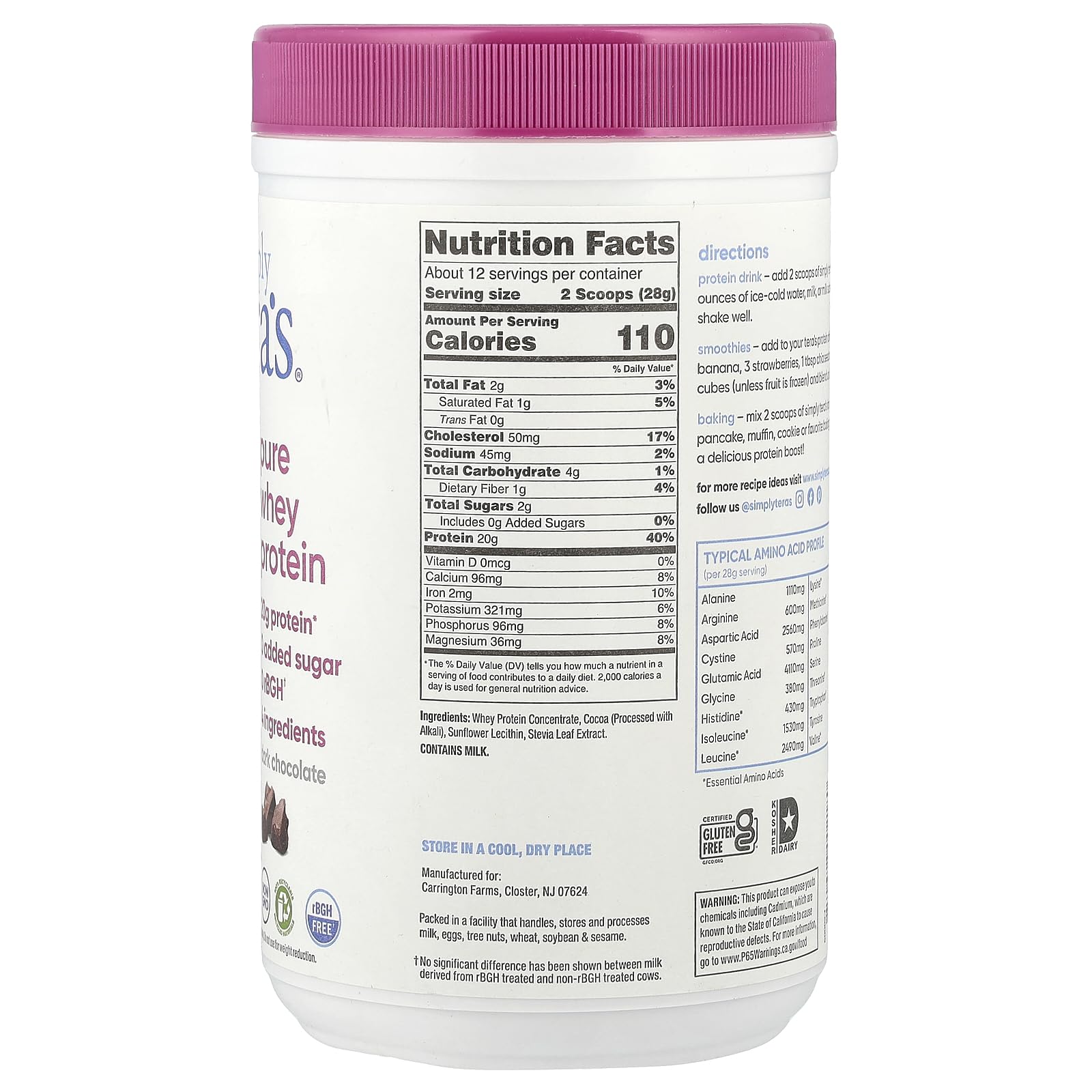 Tera's Whey dark chocolate scoop highlights rich flavor and 20g protein per serving