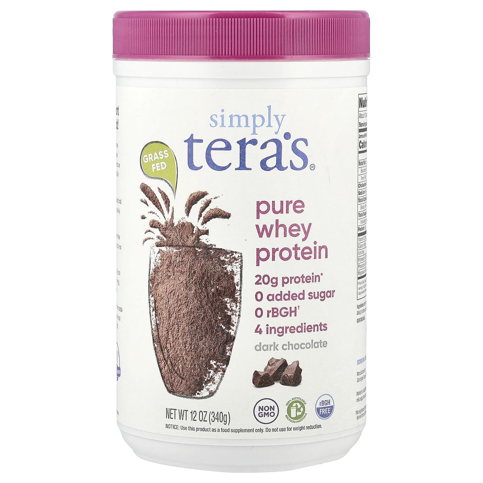 Tera's Whey tub closeup shows rBGH-free protein for post-workout recovery