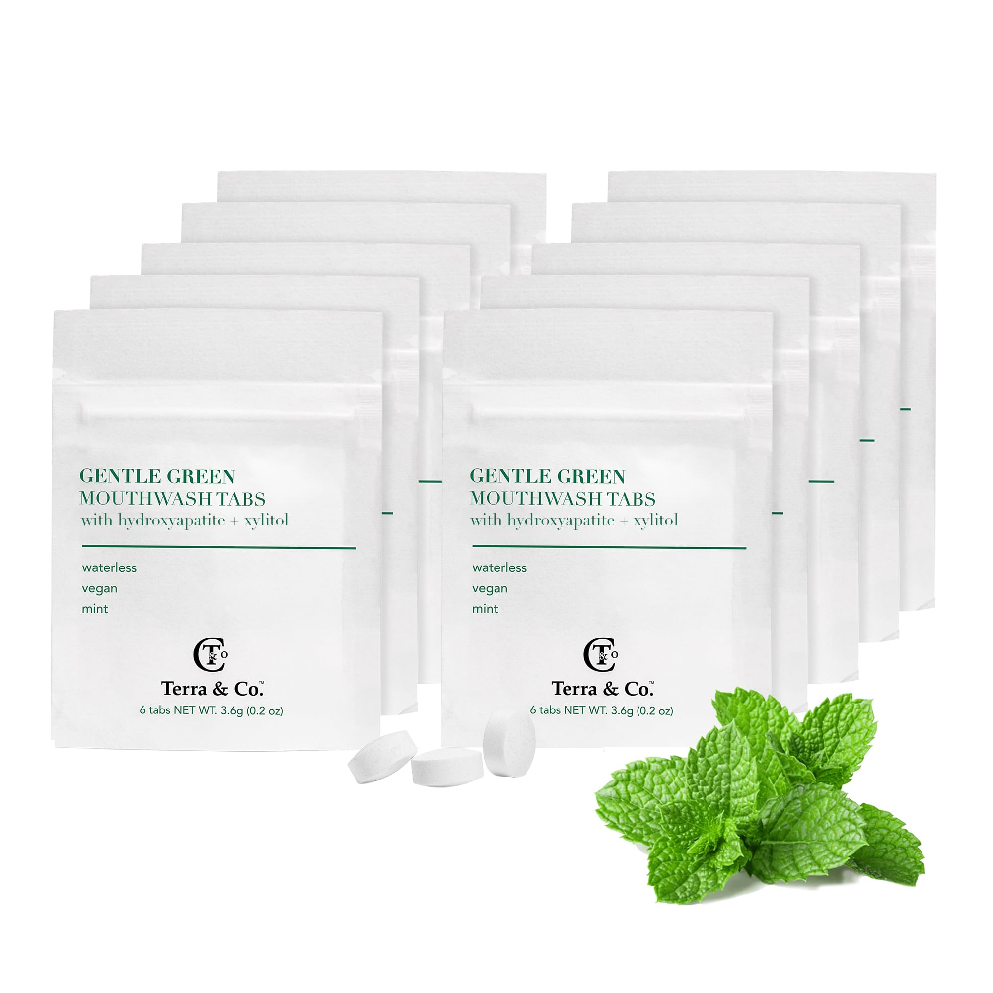Front view of Terra & Co Gentle Green Mouthwash Tablets package