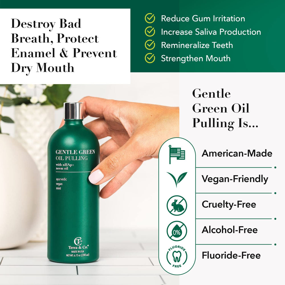 Close-up of Terra & Co Gentle Green oil pulling bottle