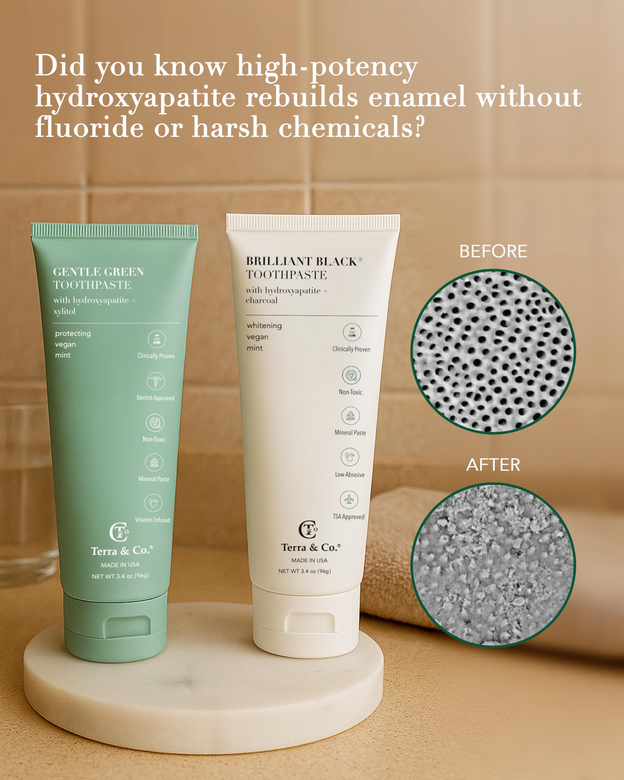 Close-up of Terra & Co Gentle Green toothpaste tubes
