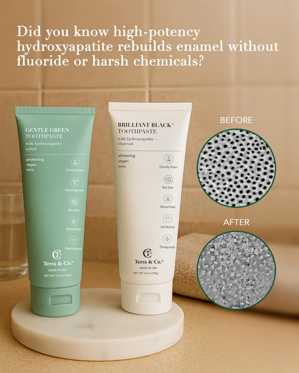 Close-up of Terra & Co Gentle Green toothpaste tubes