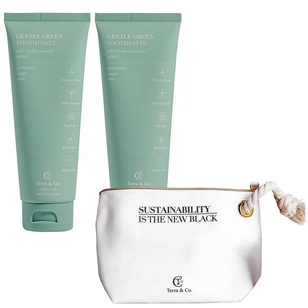 Hero image: Terra & Co Gentle Green toothpaste 2-pack with toiletry bag