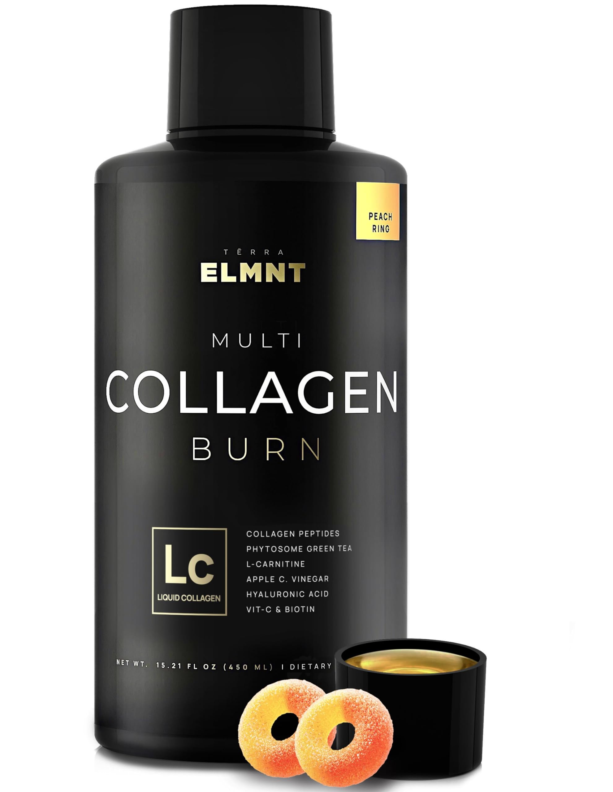 terra elmnt liquid collagen peach ring shot bottle; delicious daily support for skin and hair