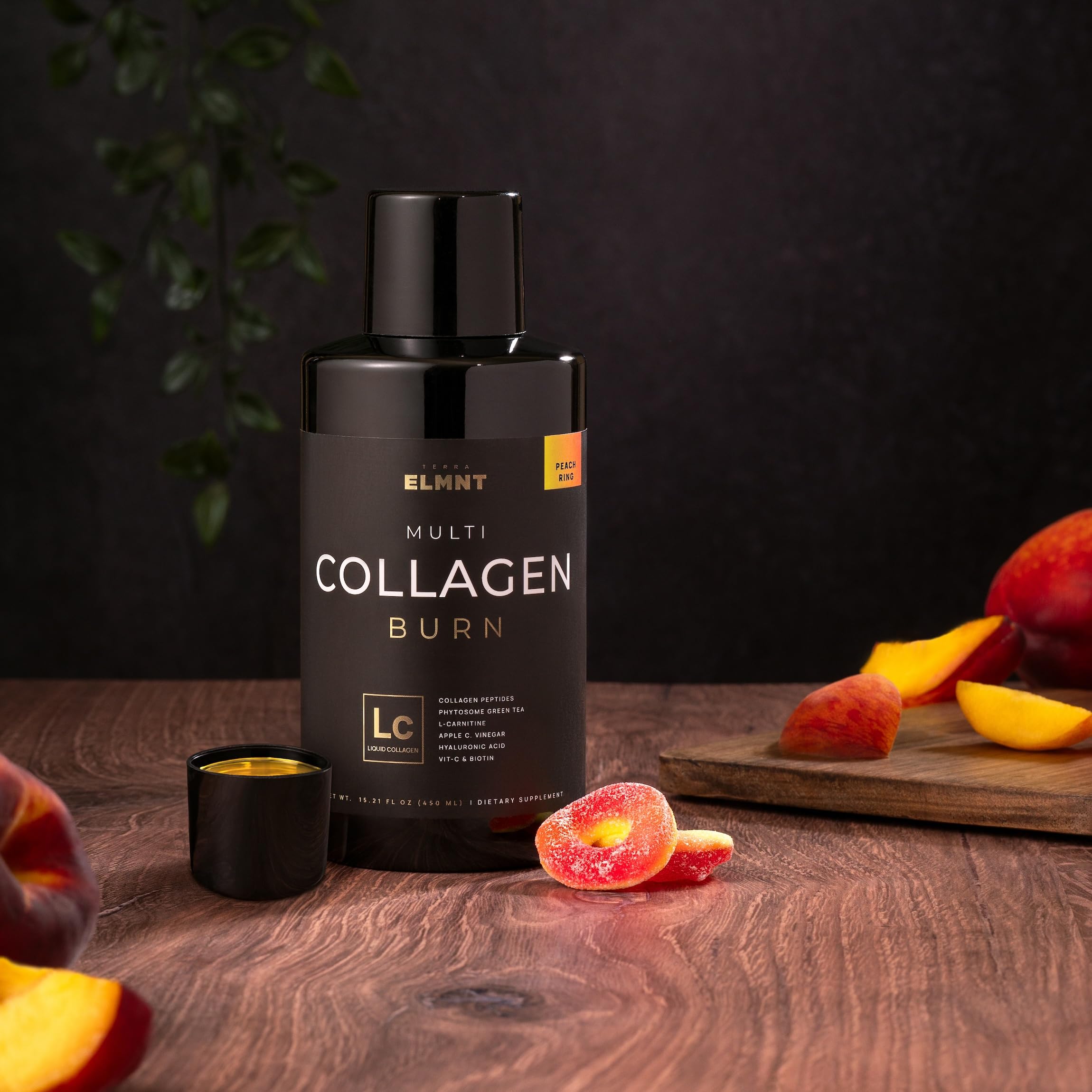 terra elmnt peach flavor shot; zero sugar and no artificial flavors