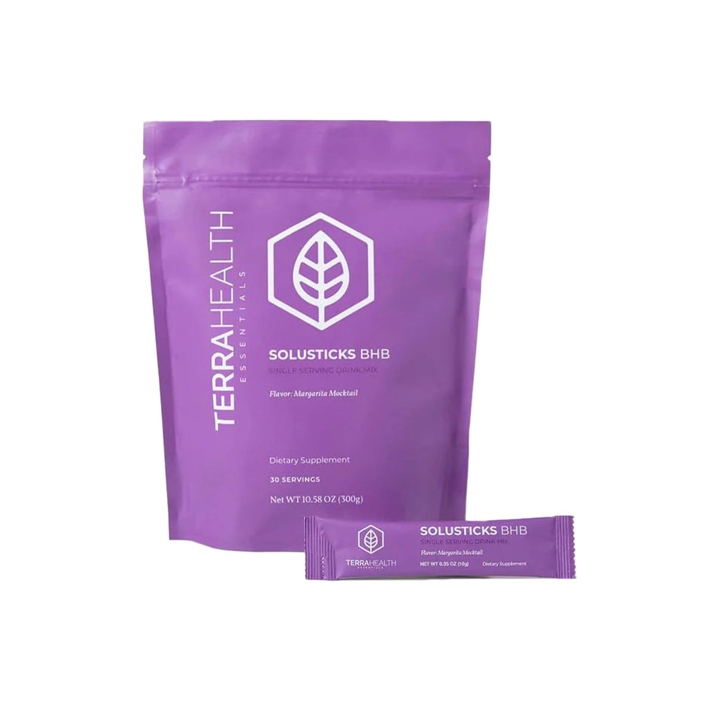 Terra Health Essentials Solusticks BHB bottle highlights ketosis-friendly support for busy days.