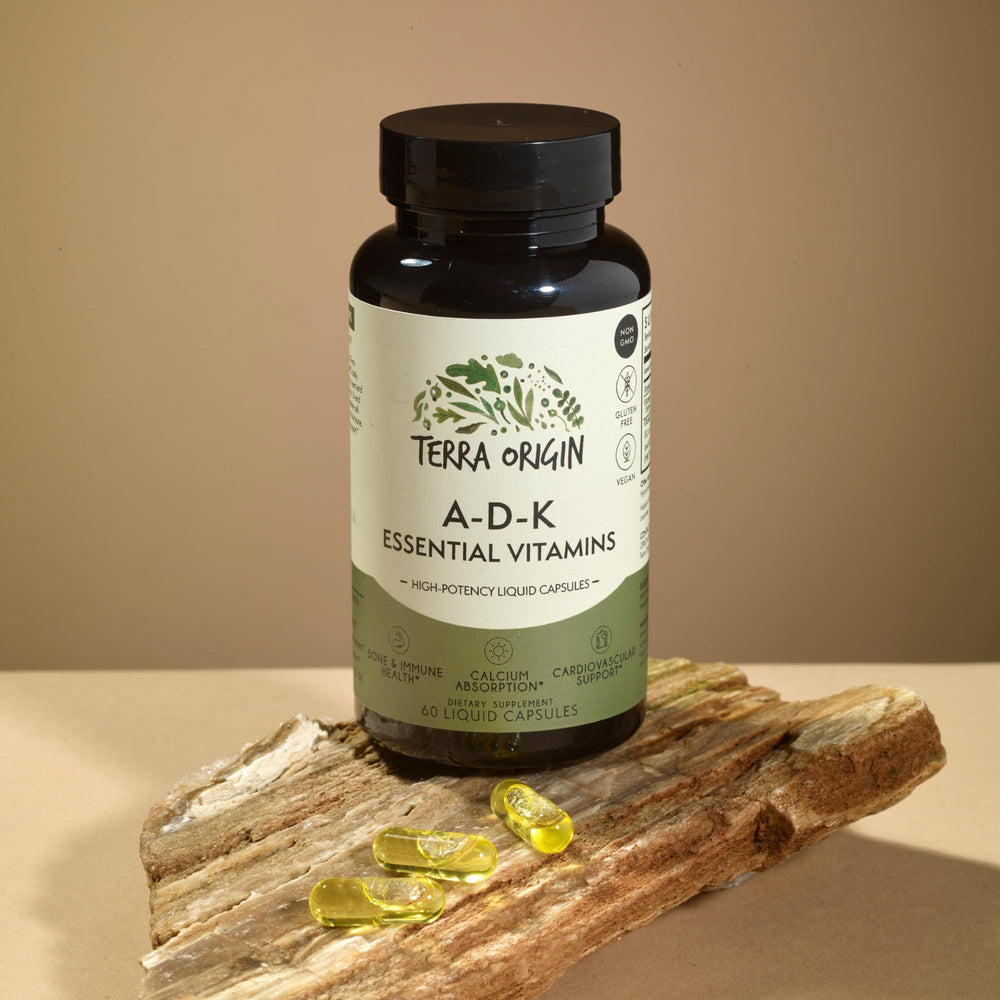 Terra Origin ADK bottle back label with supplement facts