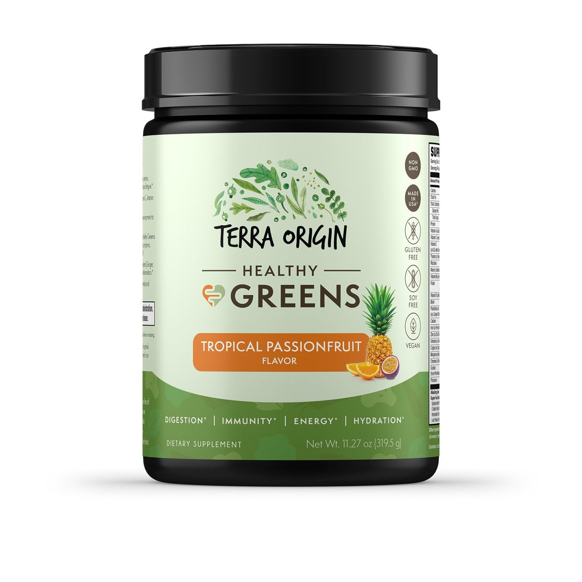 TERRA ORIGIN Healthy Greens Powder bottle and packaging against white background