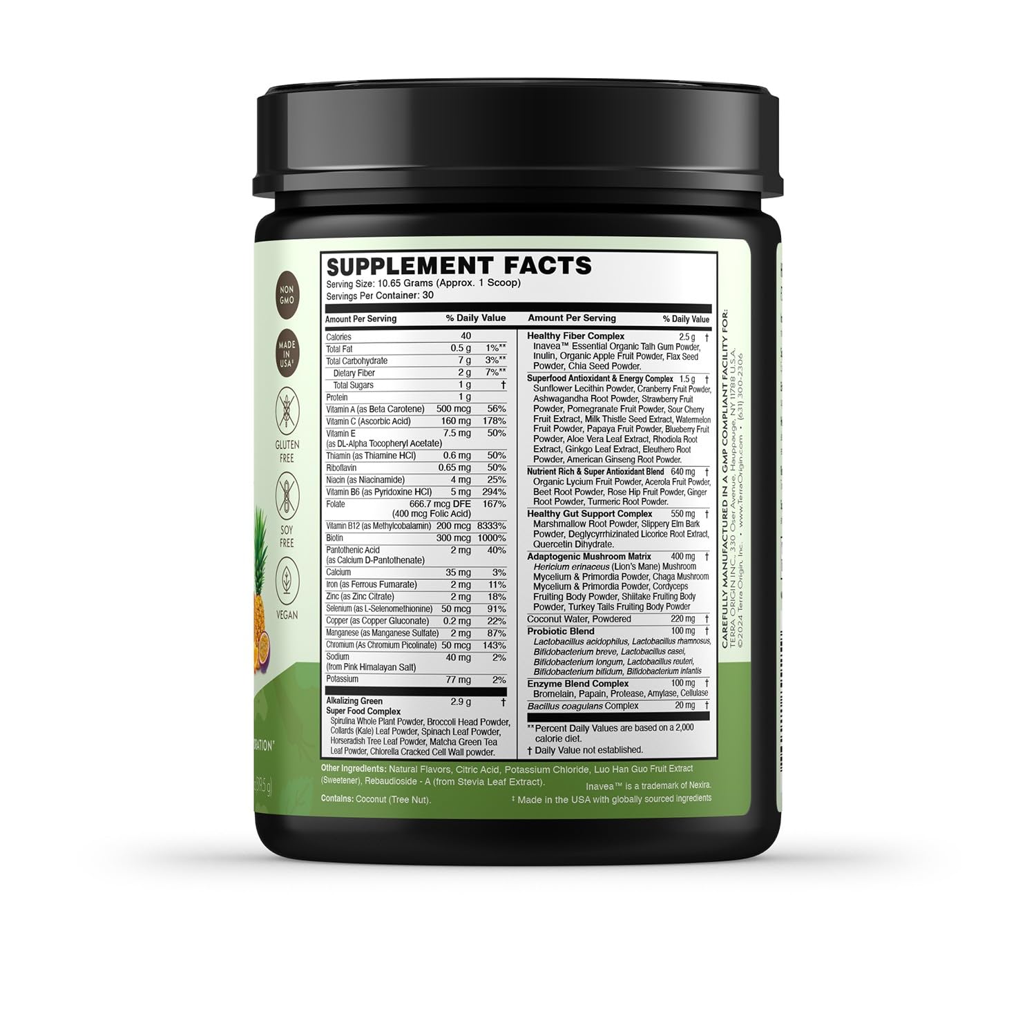 Serving suggestion with a glass of juice or smoothie containing greens powder