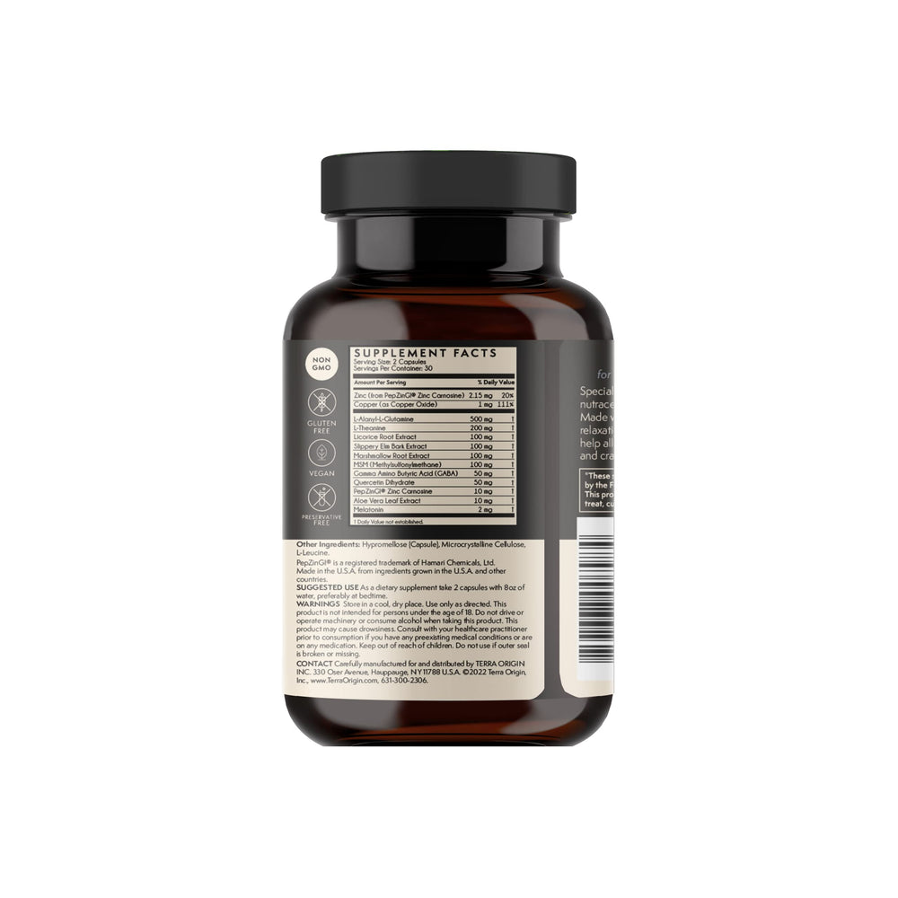Ingredient list including L-Glutamine, Melatonin, GABA and L-Tryptophan