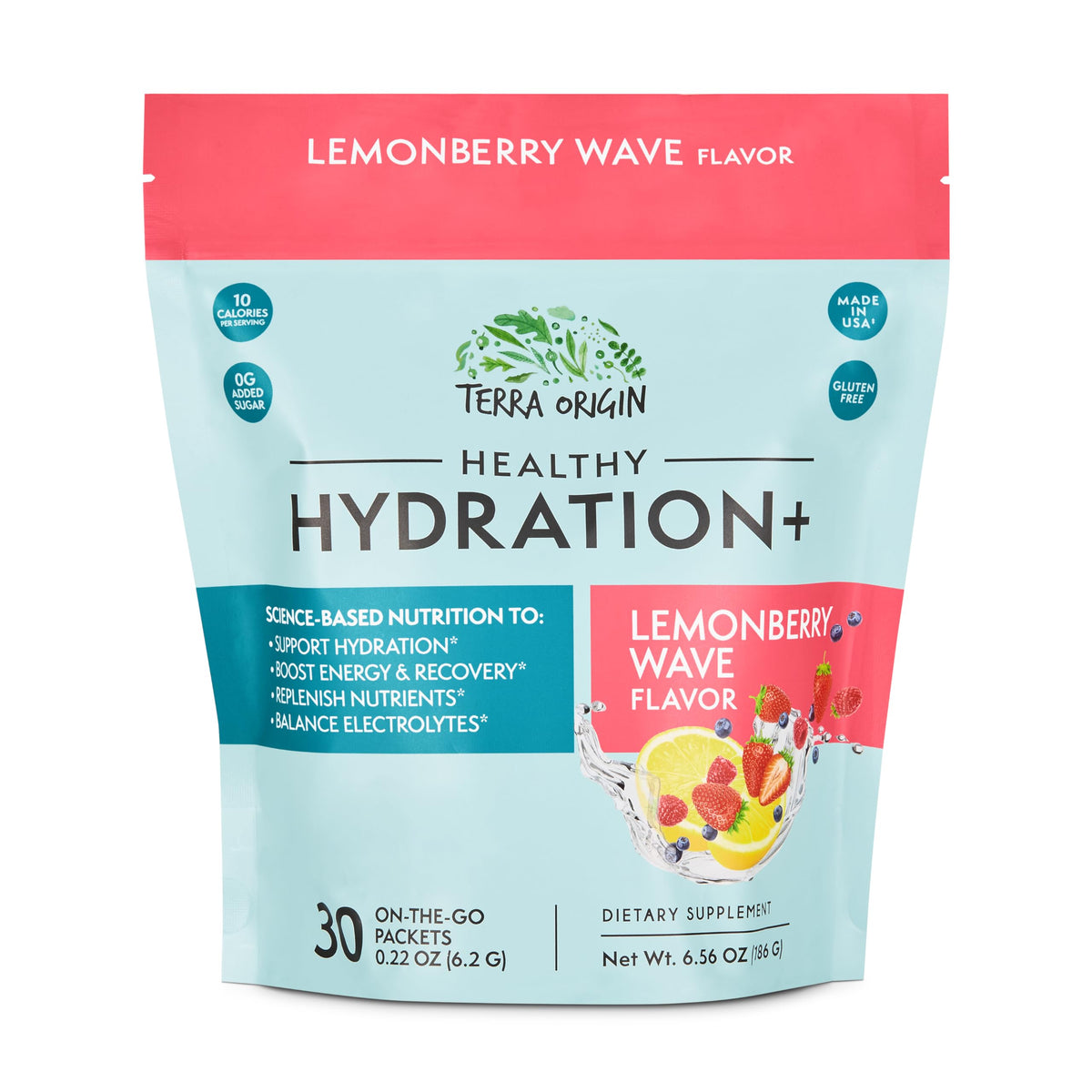 Terra Origin Lemonberry Wave hydration powder sachet front view