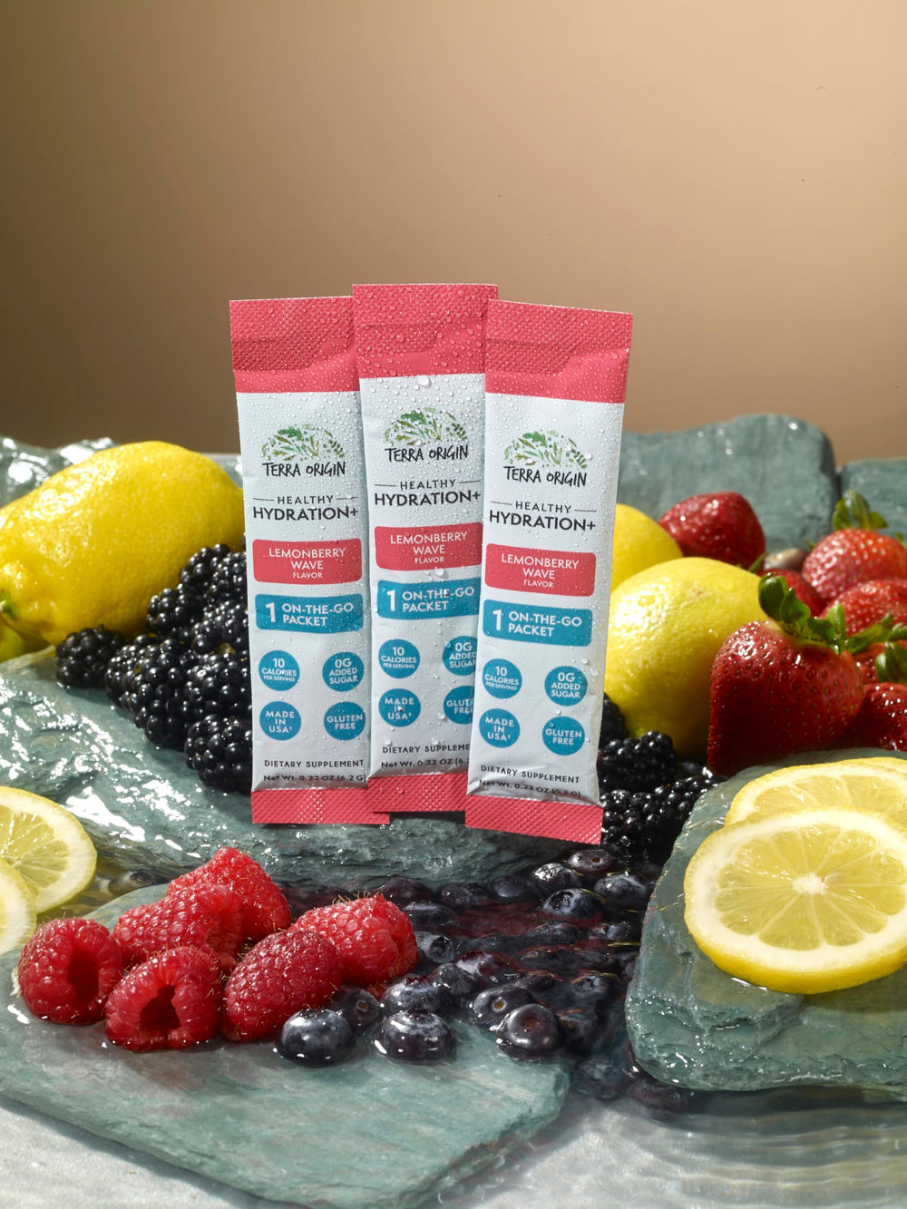 Hydration powder sachets stacked for Lemonberry Wave